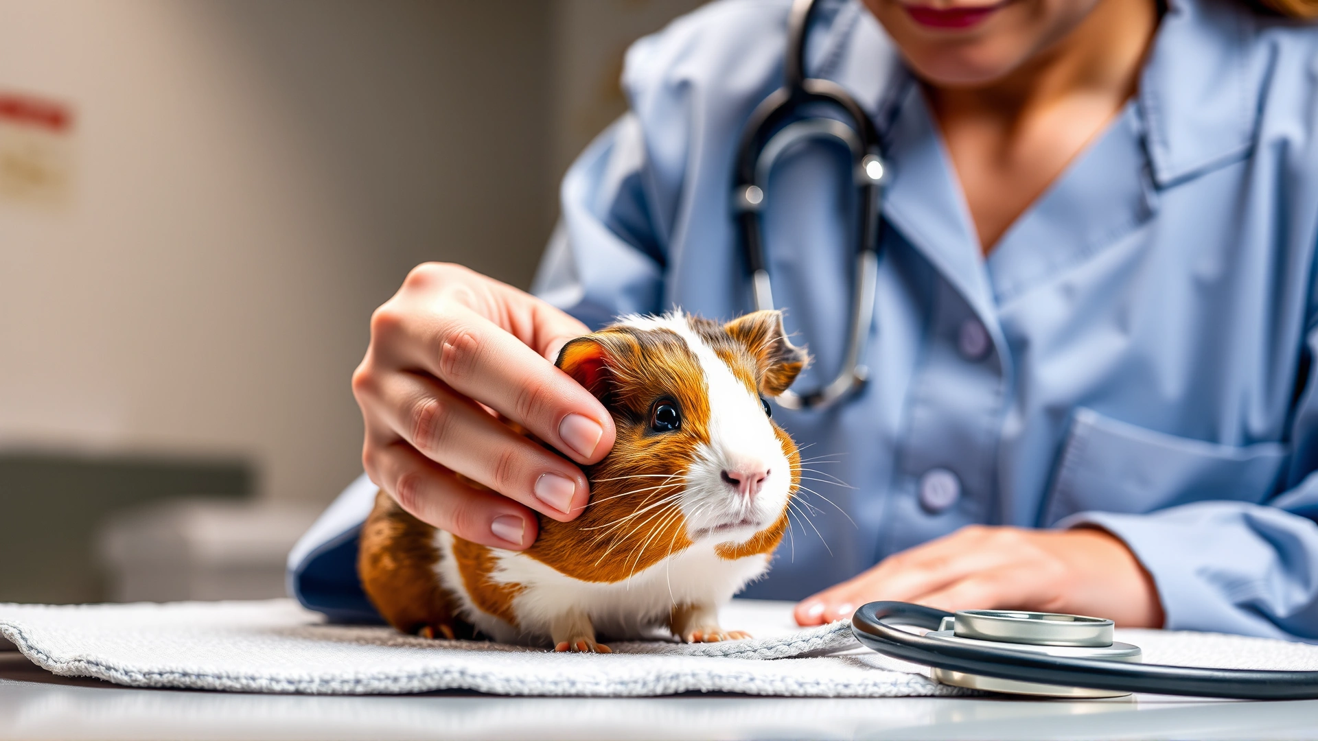 Veterinarian gently examining a guinea pig on a soft table, stethoscope visible, bright clinical lighting