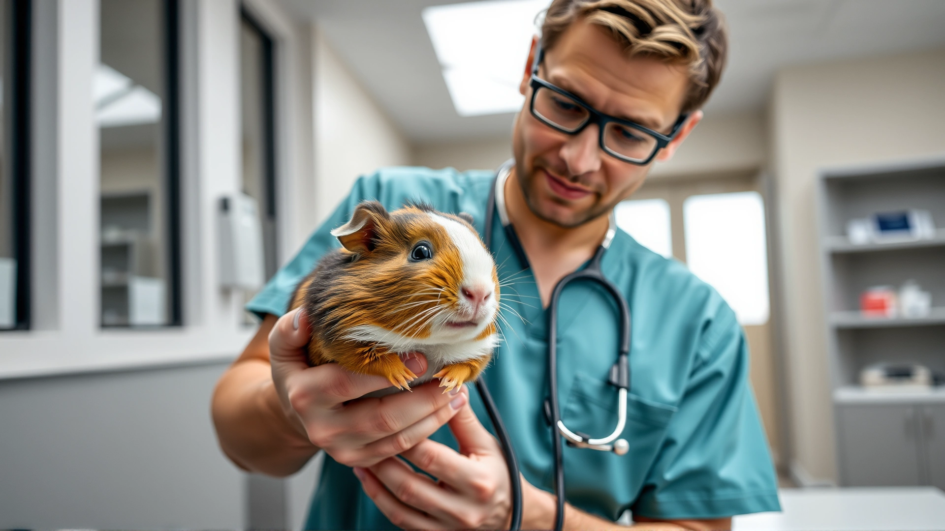 A veterinarian in scrubs carefully examining a guinea pig with a stethoscope in a modern clinic setting.