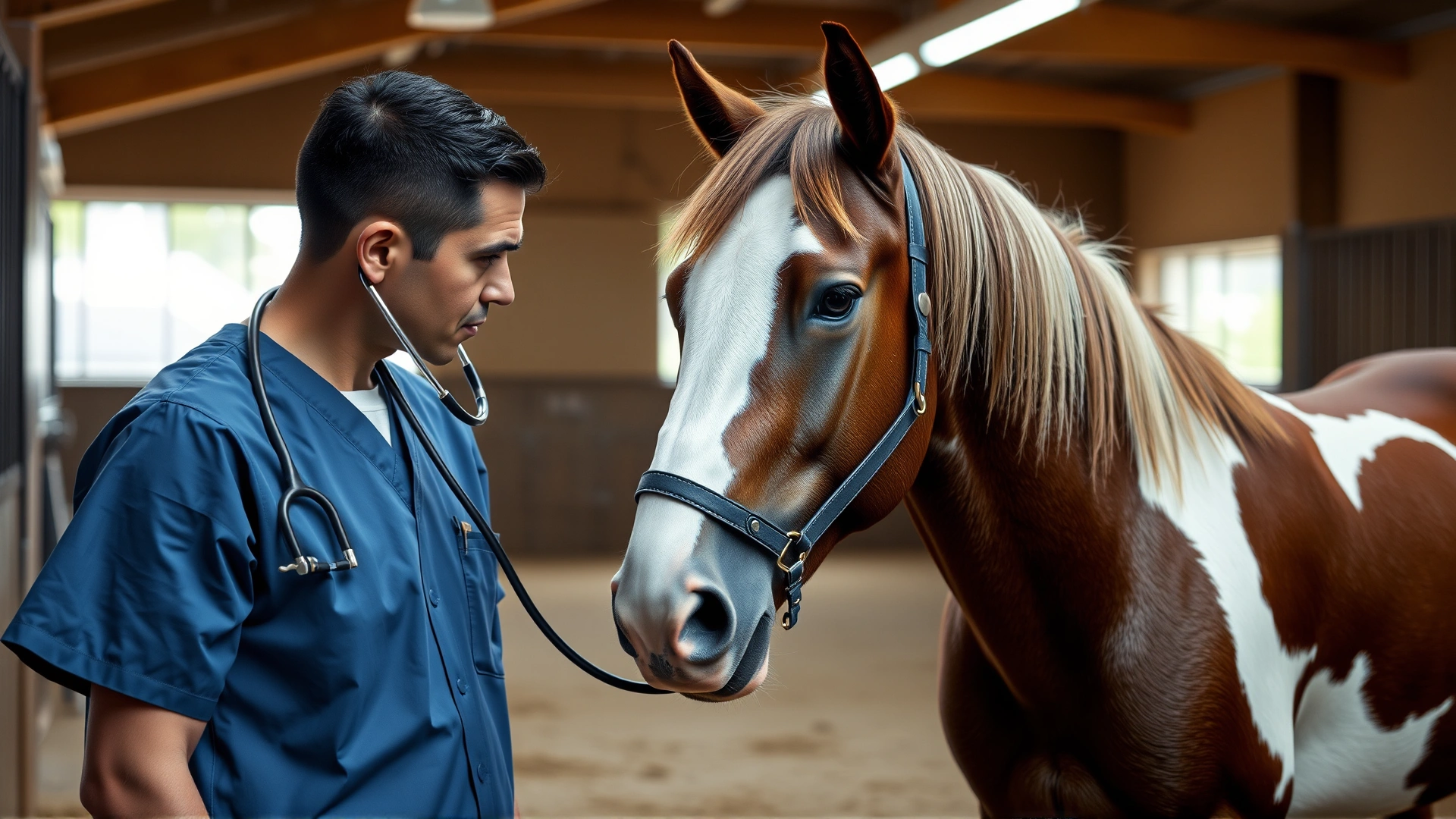 Veterinarian using a stethoscope to examine an American Paint Horse in a clean barn.