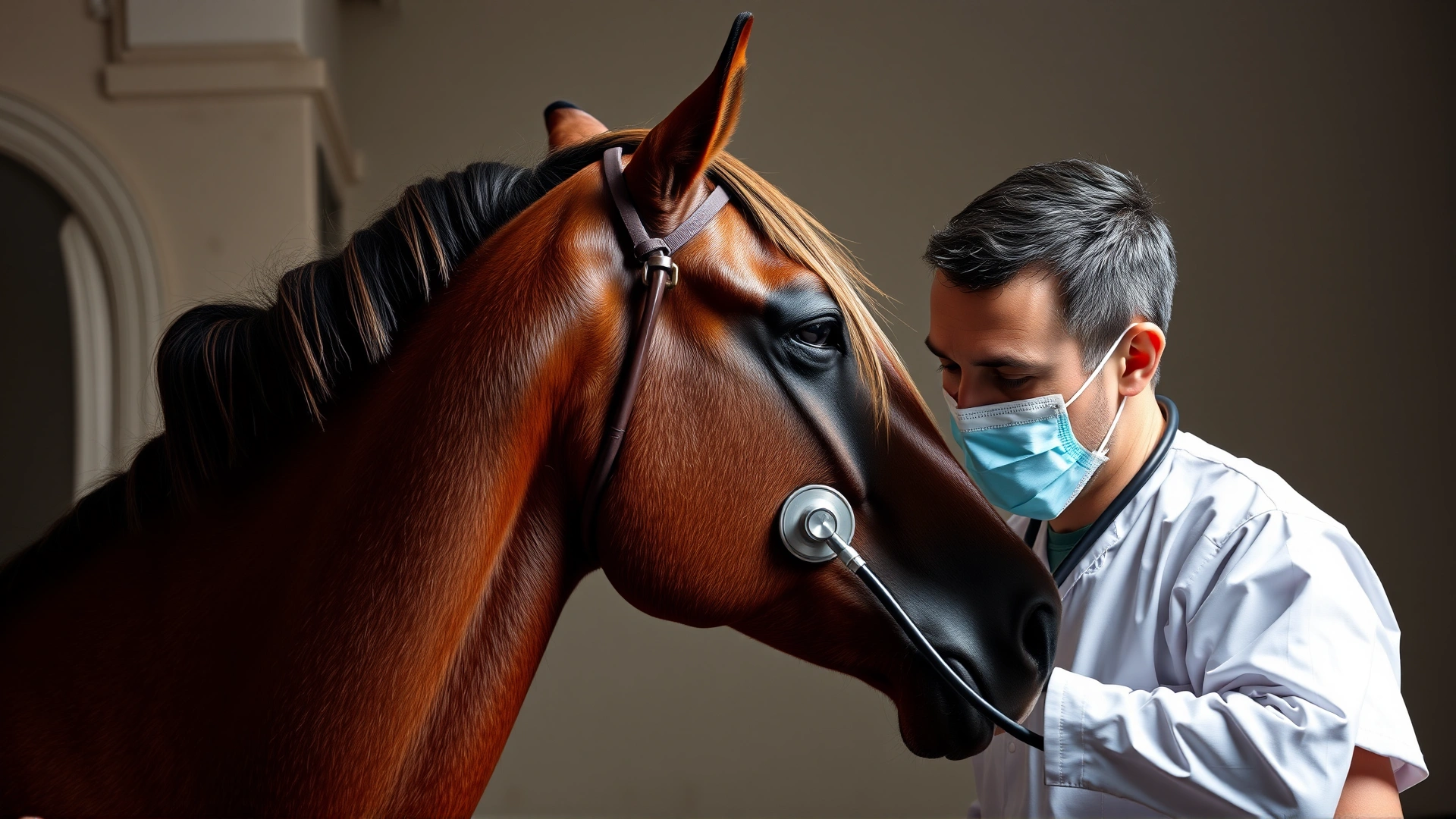 Equine veterinarian listening to Andalusian horse’s heart with stethoscope during routine check