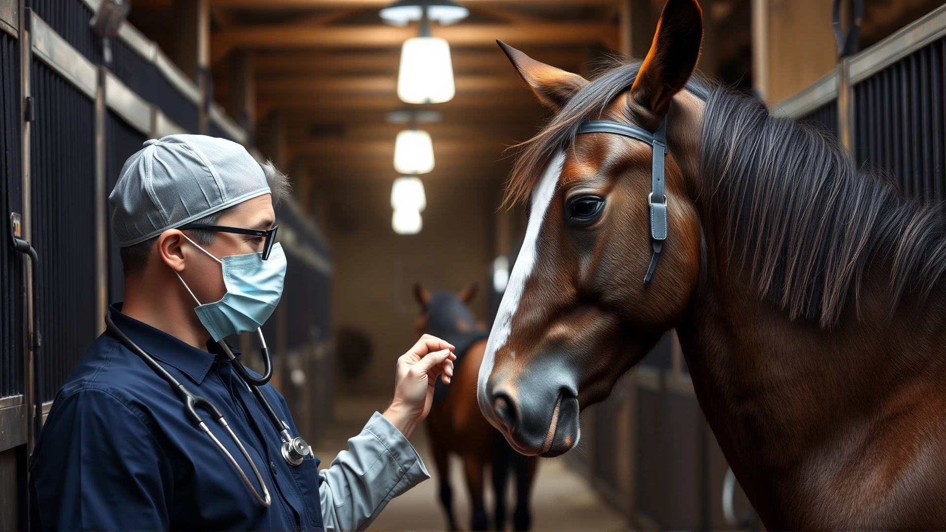 Equine veterinarian listening to an Australian Stock Horse’s heart with a stethoscope in a well-lit barn aisle