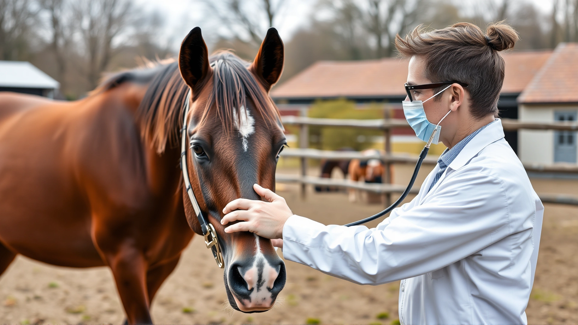 Veterinarian using a stethoscope to examine a calm English Thoroughbred in an outdoor paddock.