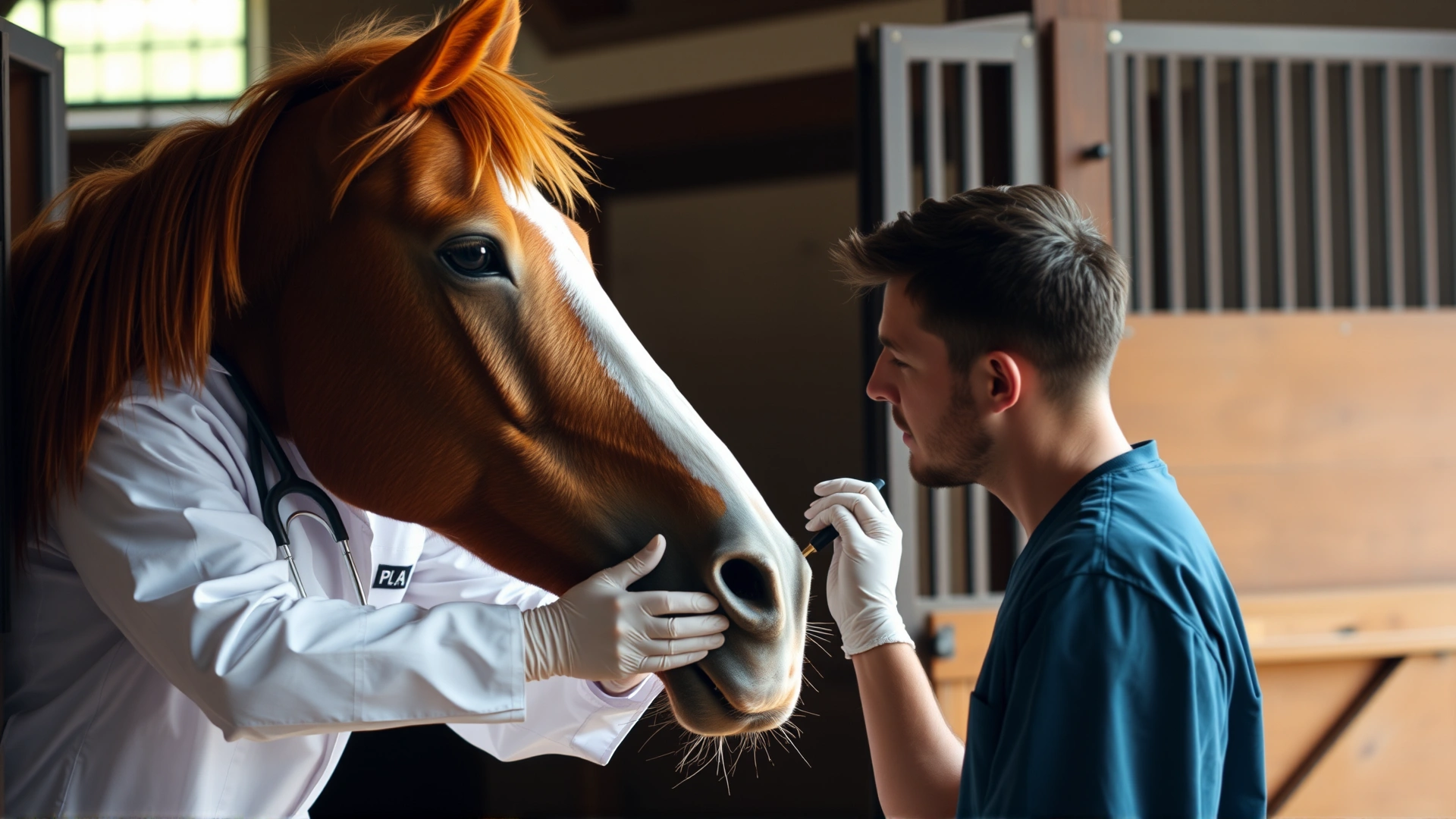 Veterinarian gently examining the mouth of an elderly chestnut horse inside a stable, soft natural light, high-resolution photo