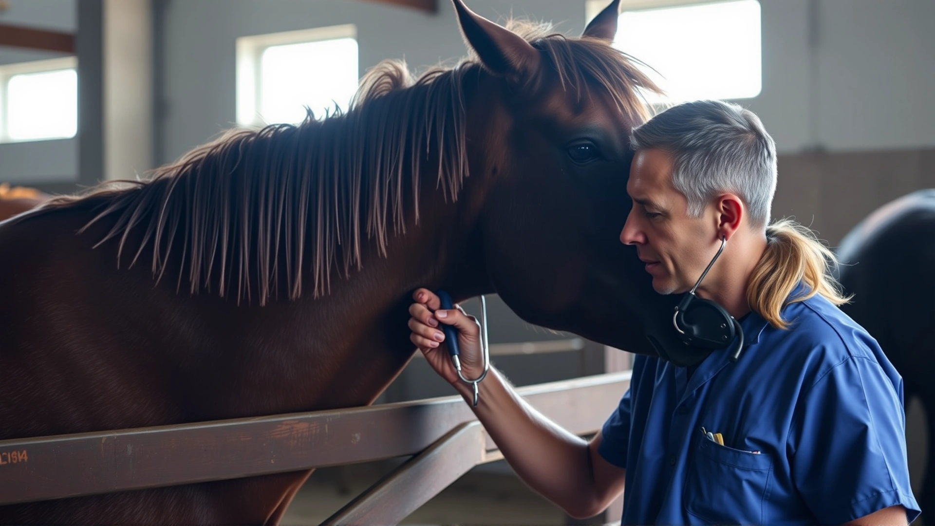 Veterinarian listening to a Morab horse’s heartbeat with a stethoscope in a barn, calm environment, no text