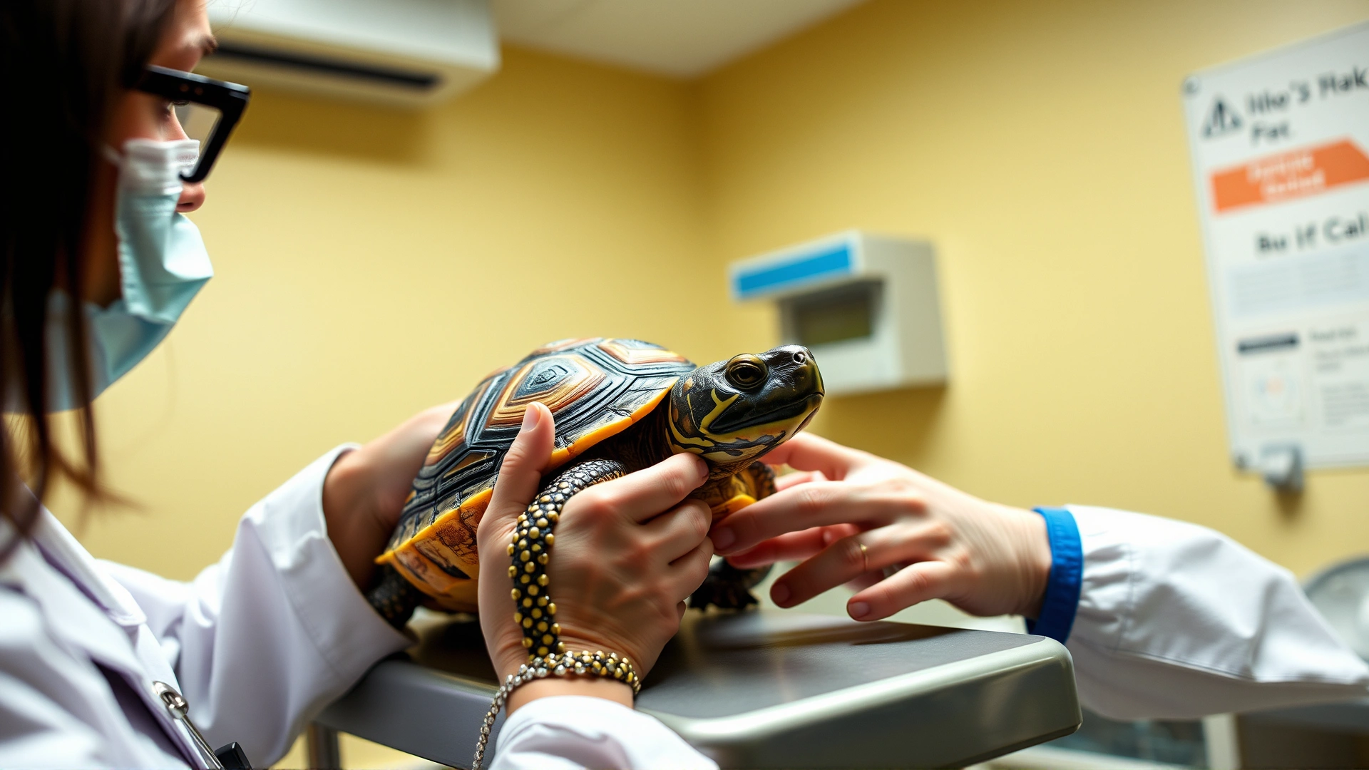 Reptile veterinarian gently examining a box turtle on an examination table under soft clinic lighting, demonstrating a routine health check.