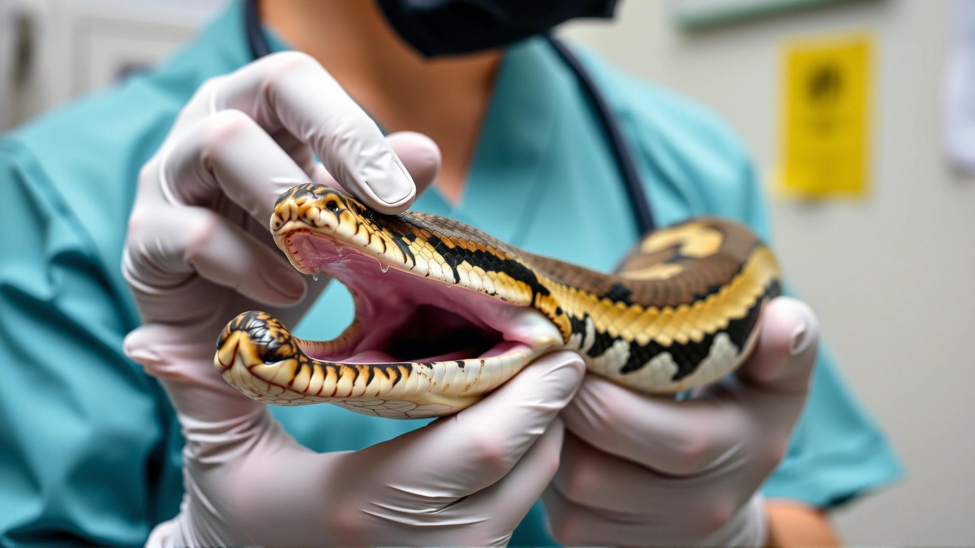 Veterinarian holding open the mouth of a Burmese python for examination, wearing gloves in a clinical setting.