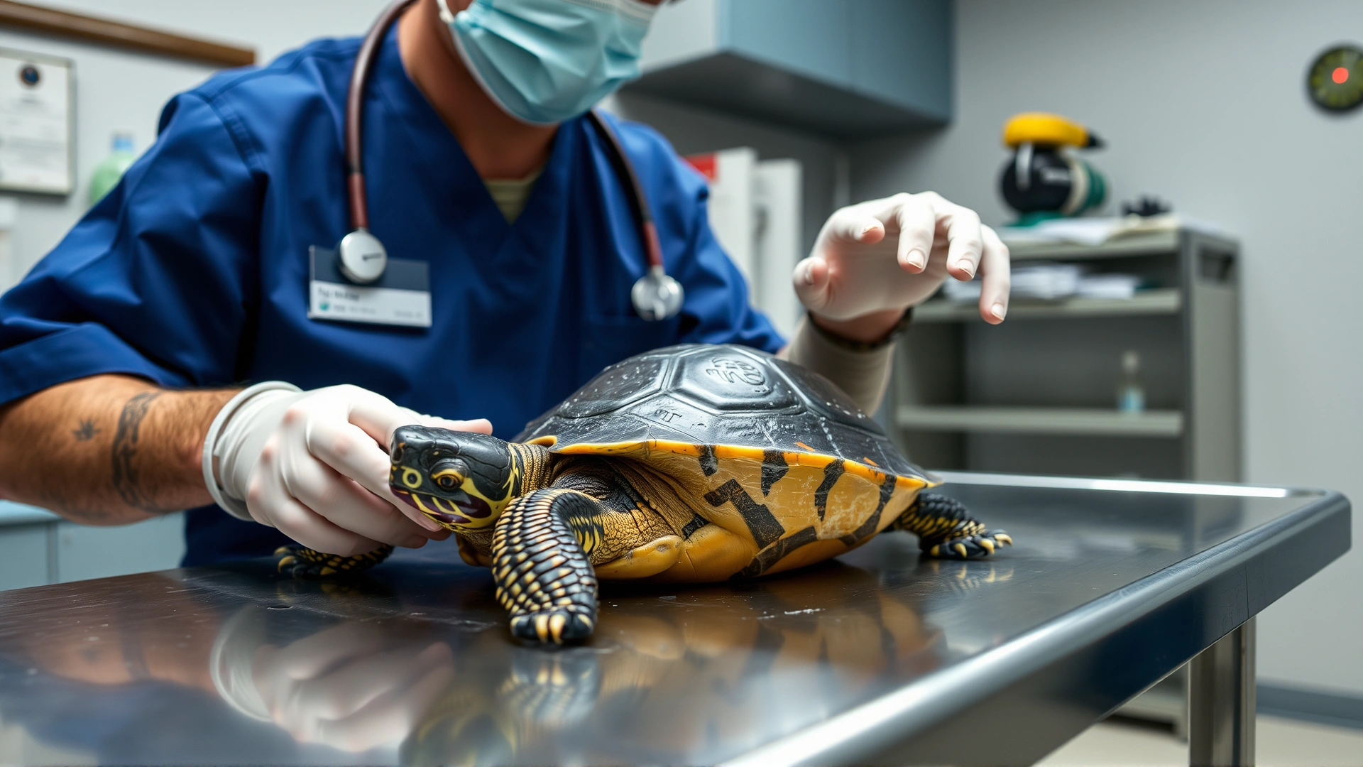 Reptile veterinarian gently examining a Mississippi map turtle on a stainless steel table in a clinic.