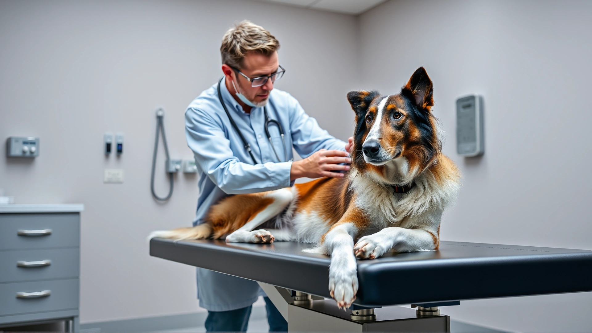 Veterinarian examining a calm Borzoi on an exam table in a modern vet clinic.
