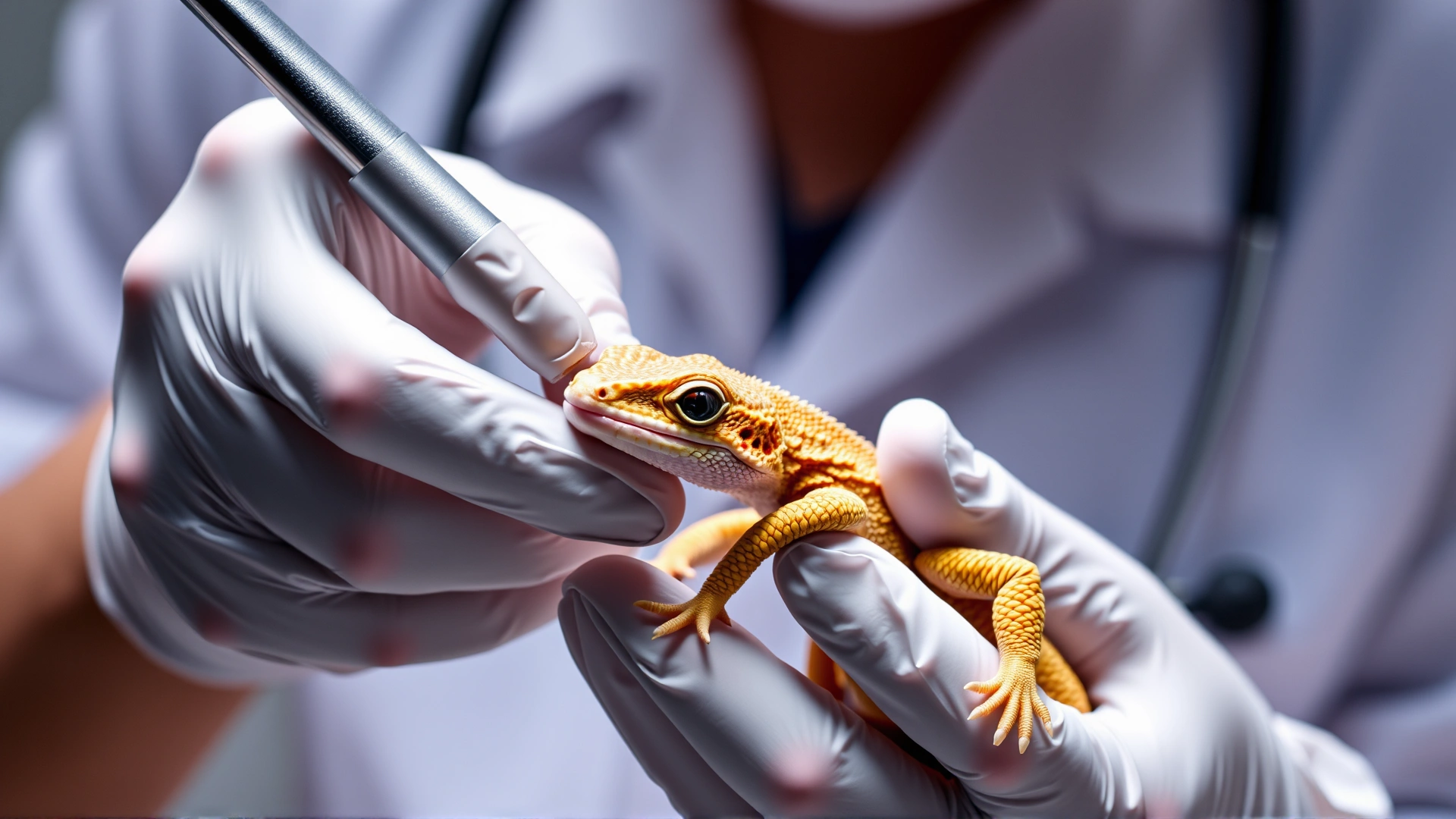 Close-up image of a veterinarian in gloves inspecting a gecko under soft clinical lighting, highlighting pet health care.
