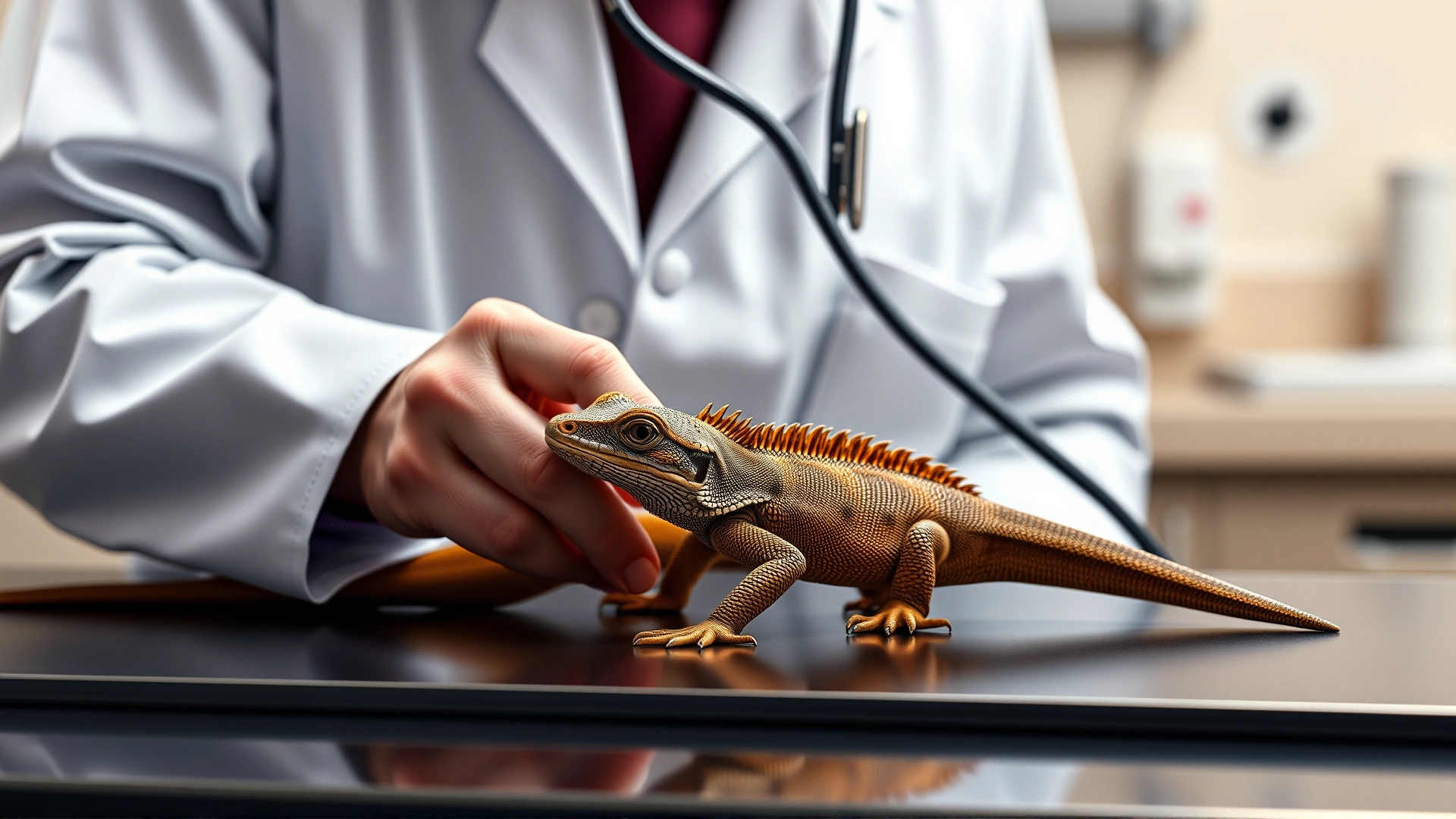 Veterinarian examining a pet lizard on a table, using a stethoscope, clinic background