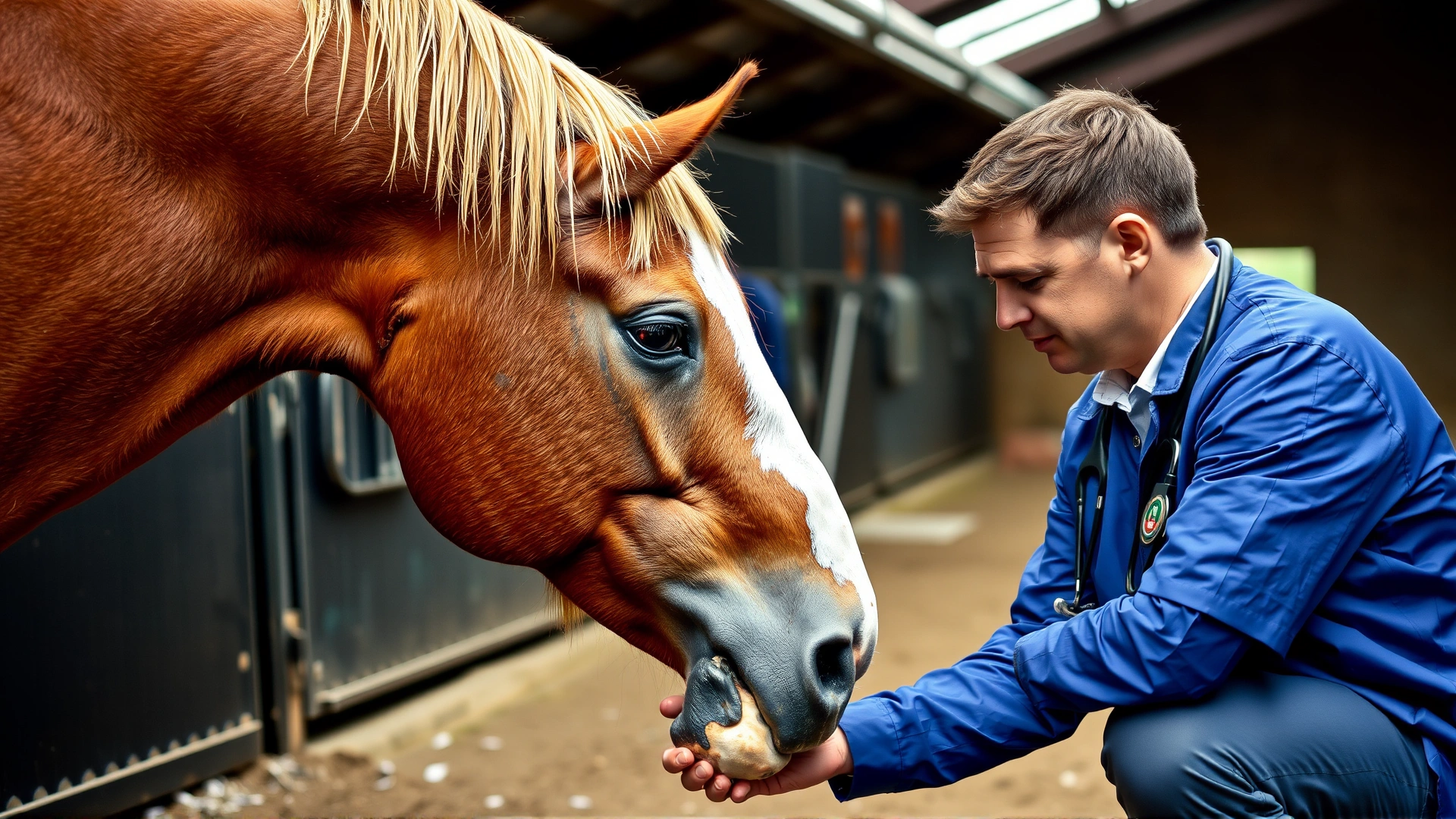 Veterinarian bending down to inspect the hoof of a French Cob horse in a stable yard, professional attire, high-resolution photo