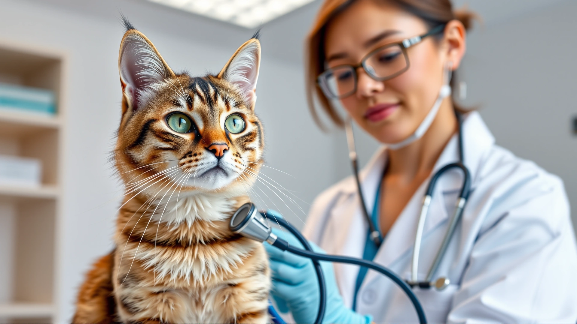 Veterinarian in a modern clinic examining an American Wirehair cat with a stethoscope, calm atmosphere, clear view of the cat's wiry coat