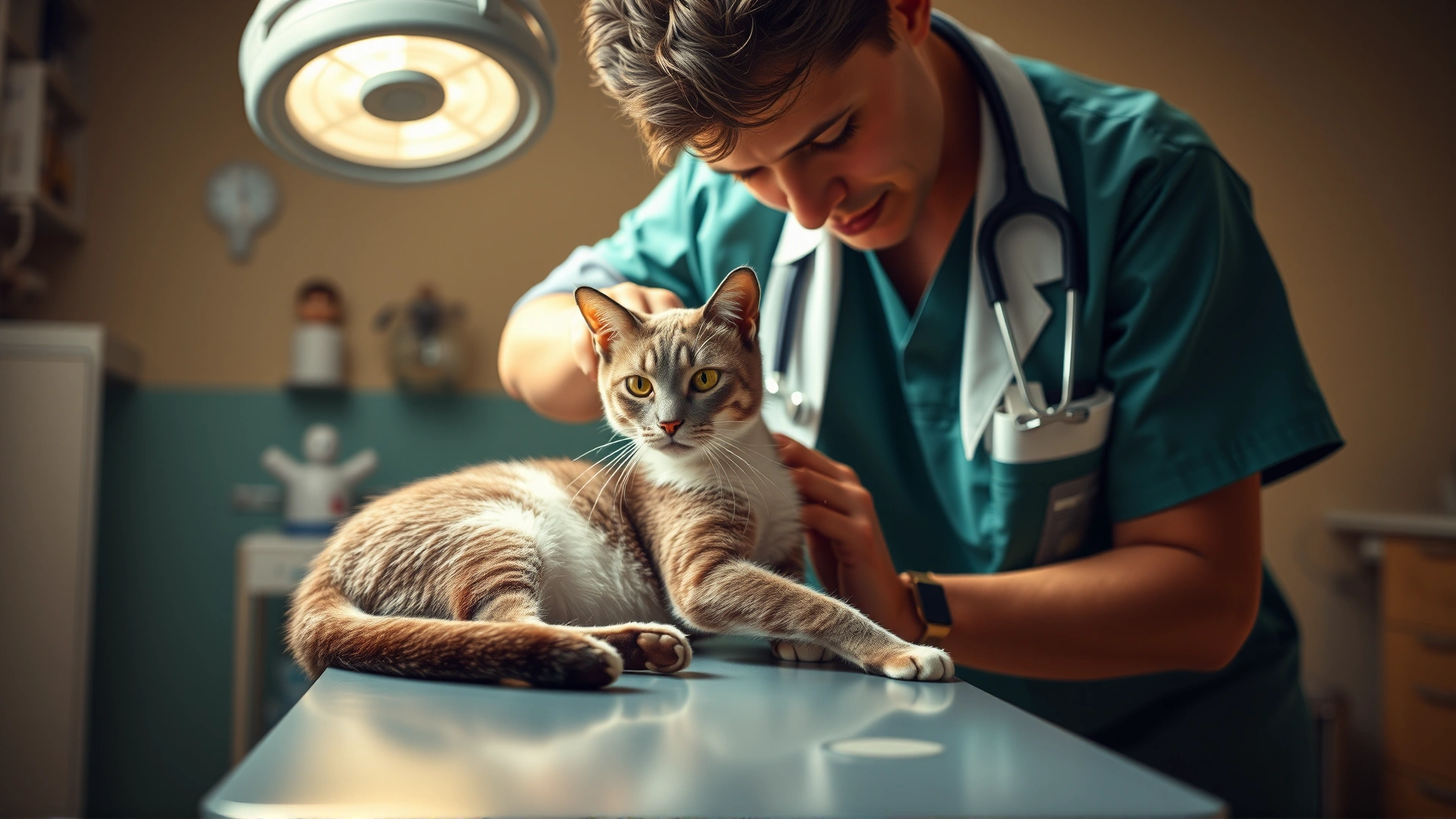 Veterinarian performing a routine check-up on a Tiffany cat on an examination table, clinic setting, warm lighting.