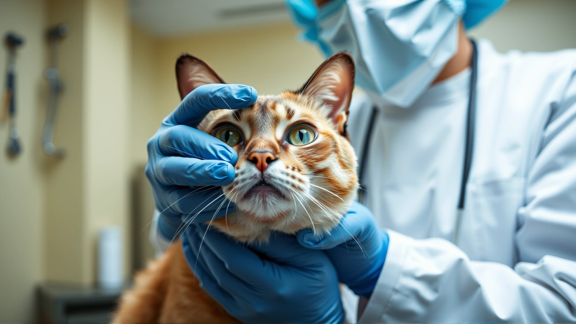 A veterinarian examining the flat face and nose of a Peke-Faced cat in a modern veterinary clinic