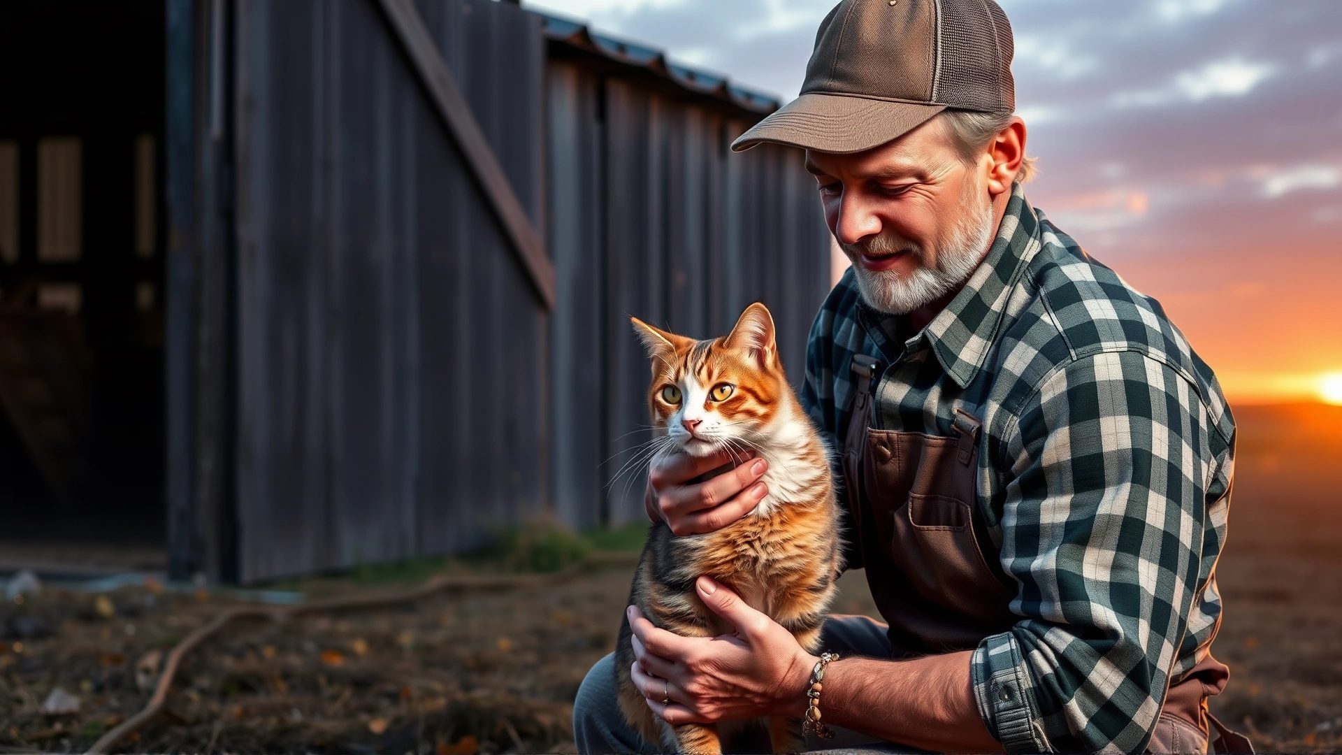 Farmer kneeling to examine a barn cat’s ear and eyes during sunset, gentle interaction outside the barn