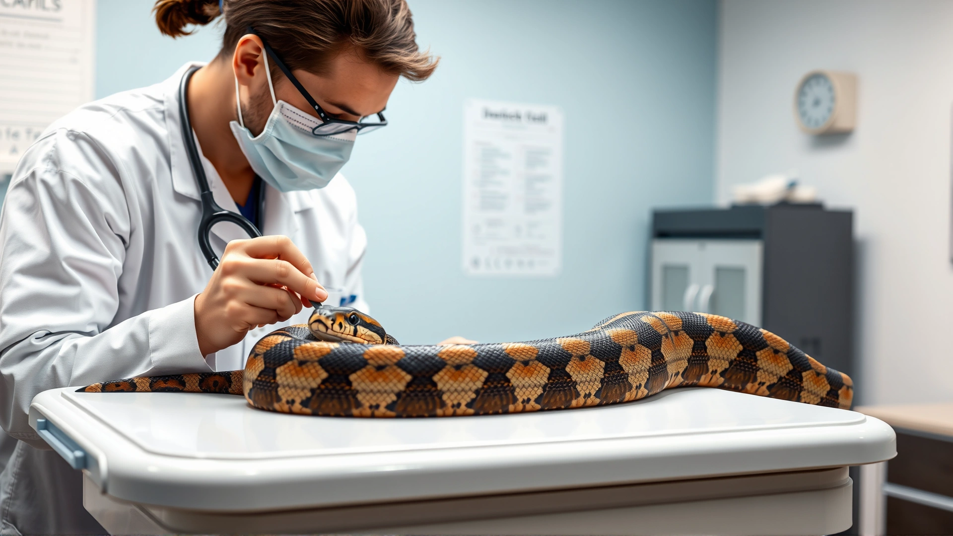 Exotic animal veterinarian examining a boa constrictor on a clean clinic table, stethoscope visible, bright lighting, no text