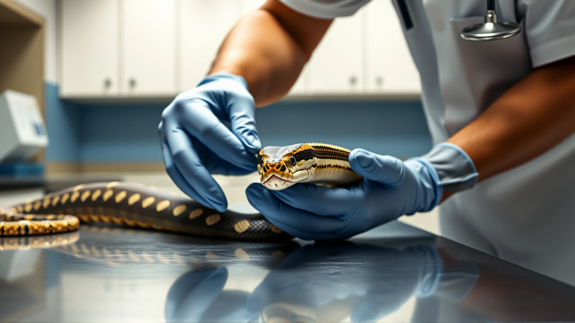 Reptile veterinarian wearing gloves while examining a king snake on a stainless-steel exam table in a bright clinic