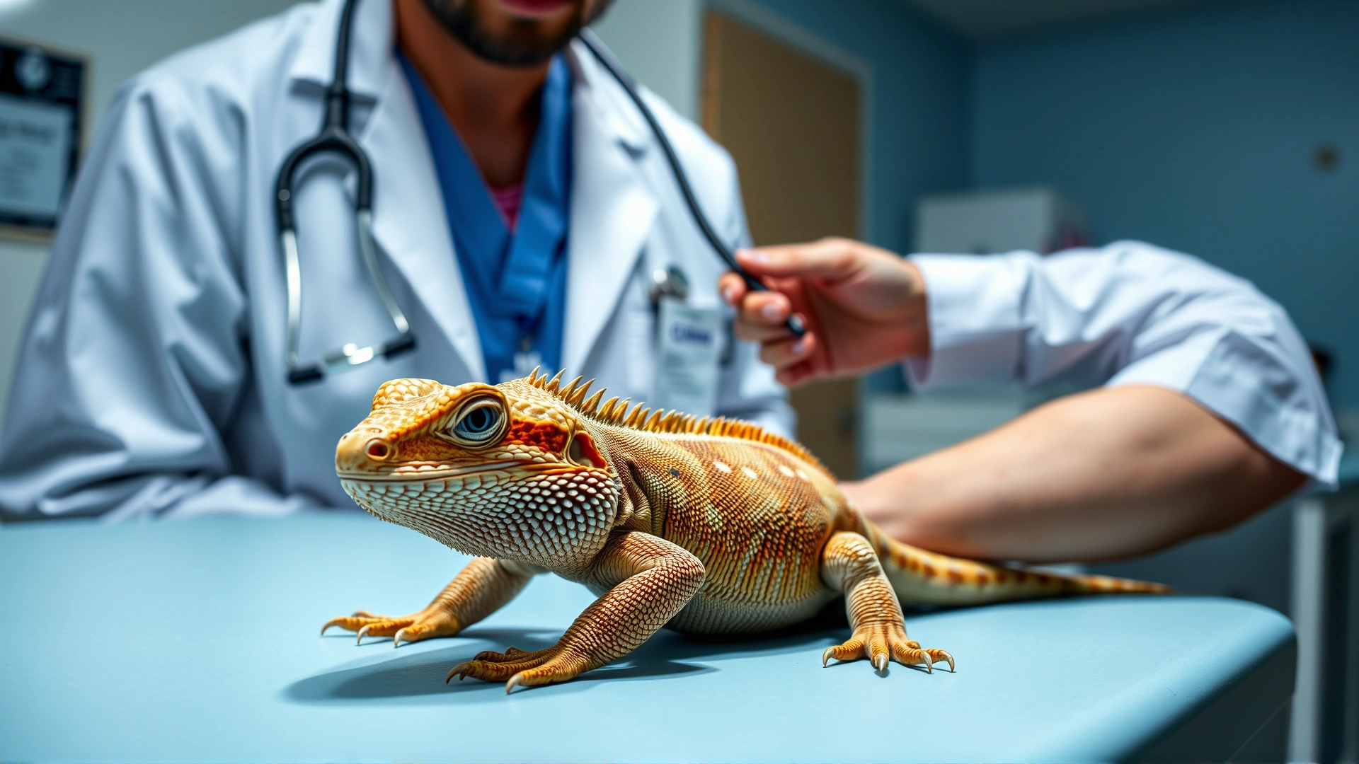 Veterinarian examining a bearded dragon on a clinic table, stethoscope visible, bright clinical setting.