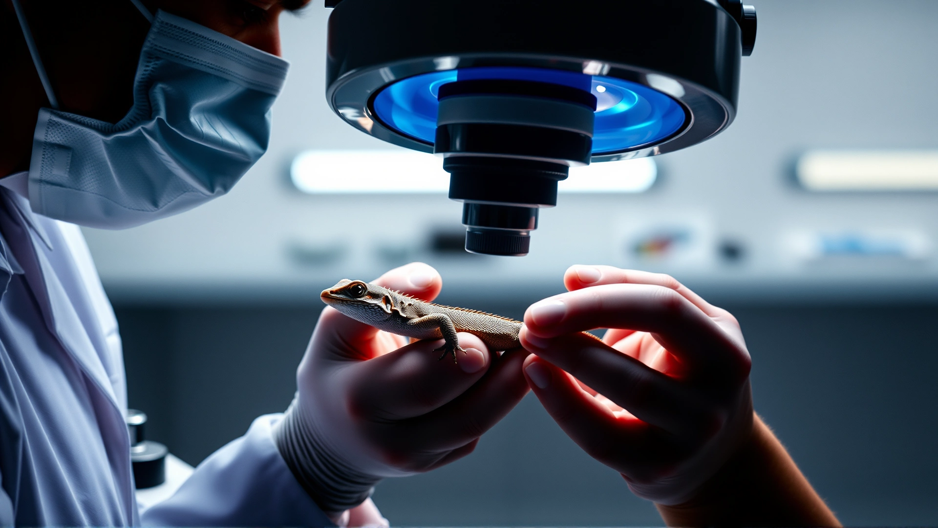 Veterinarian examining a small lizard under a bright examination lamp in a clinical environment, focus on careful inspection.