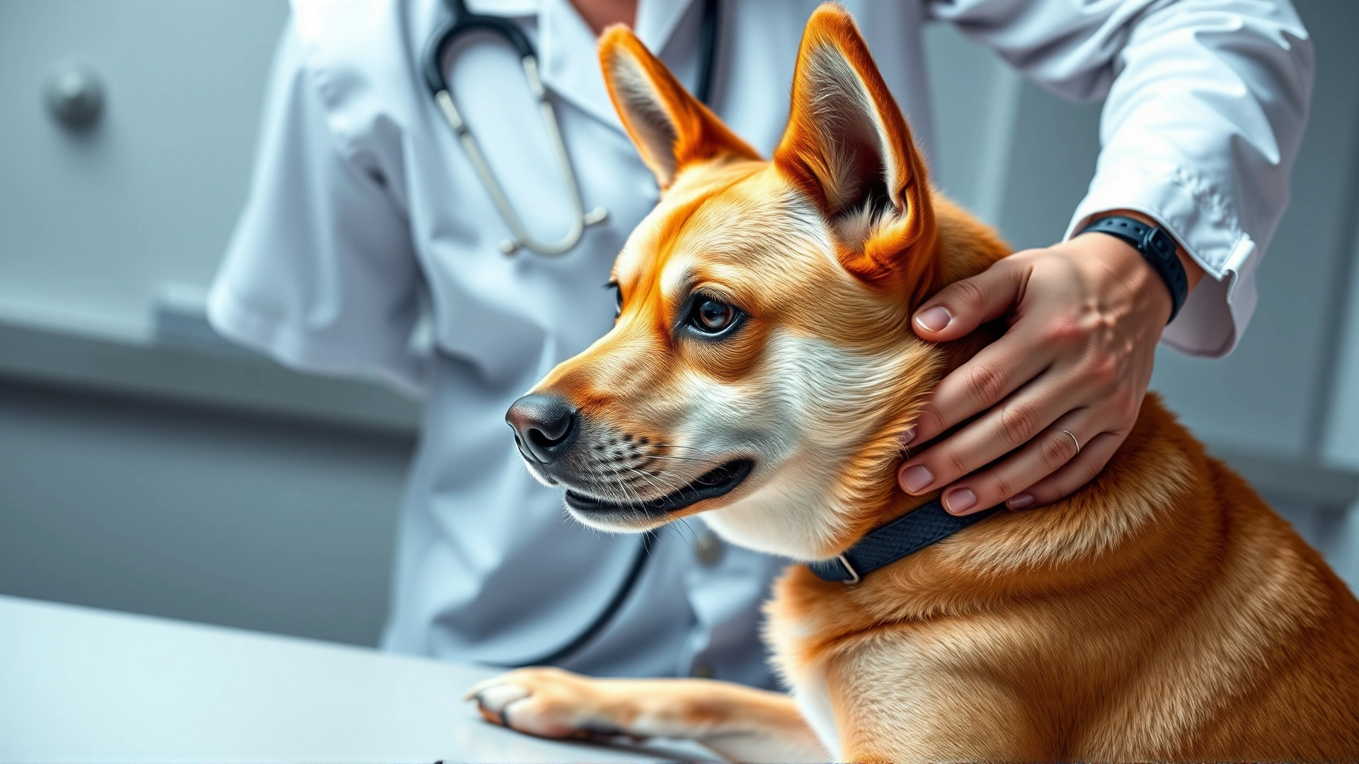 Veterinarian examining a Canaan Dog on a clean clinic table with a stethoscope, professional environment