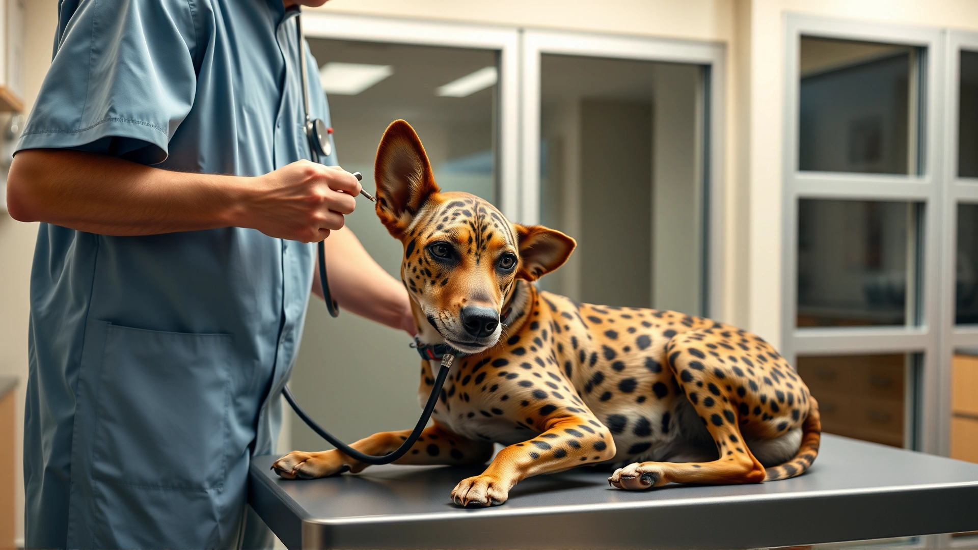 Veterinarian examining a calm Catahoula Leopard Dog on a clinic table using a stethoscope in a bright, modern veterinary clinic.