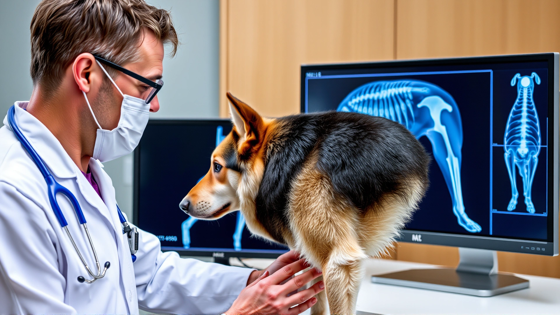 Veterinarian examining a Caucasian Shepherd dog's hips while an X-ray image is displayed on a monitor, illustrating health screening.