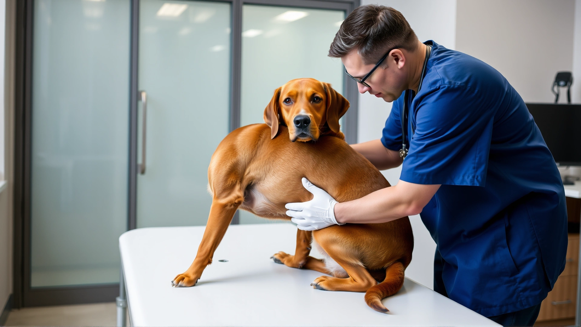 Veterinarian gently examining a Chesapeake Bay Retriever on an exam table, focusing on hip joint range of motion in a modern clinic setting