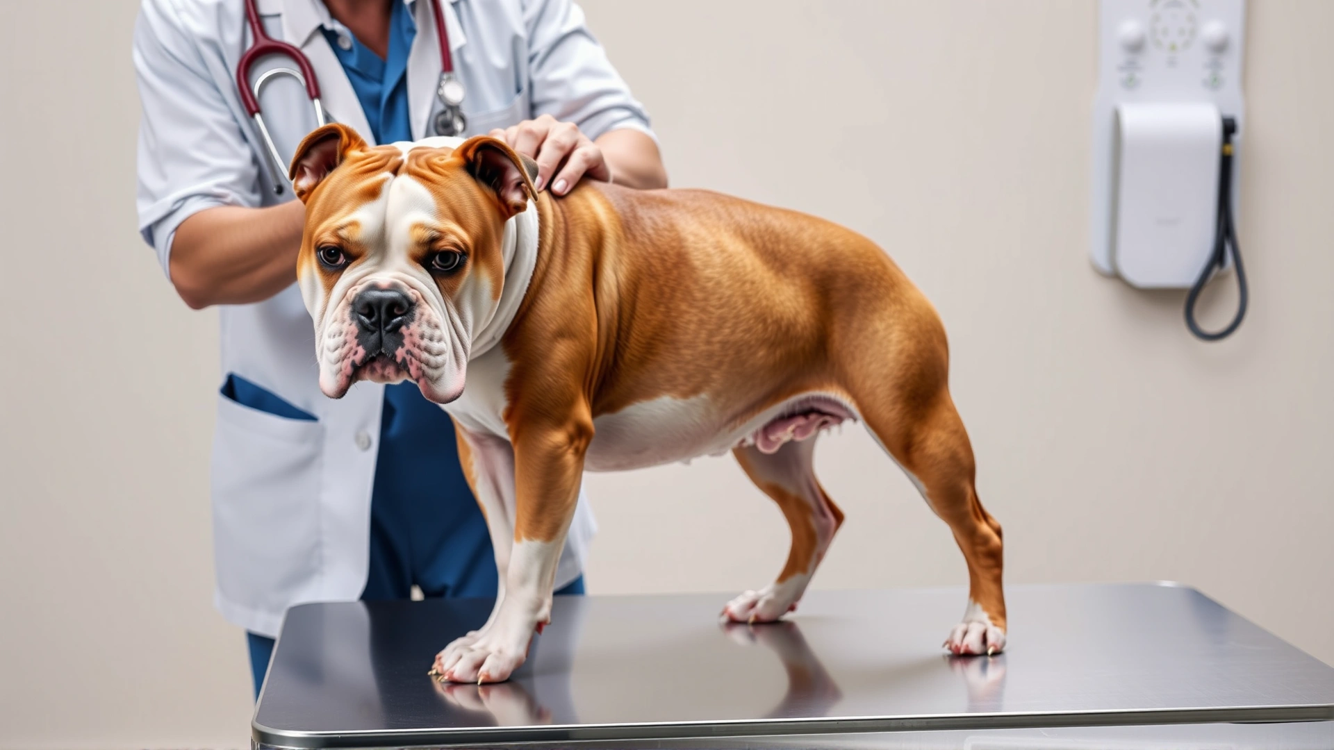 Veterinarian examining an American Bulldog on an exam table, focusing on the dog's hips and joints.
