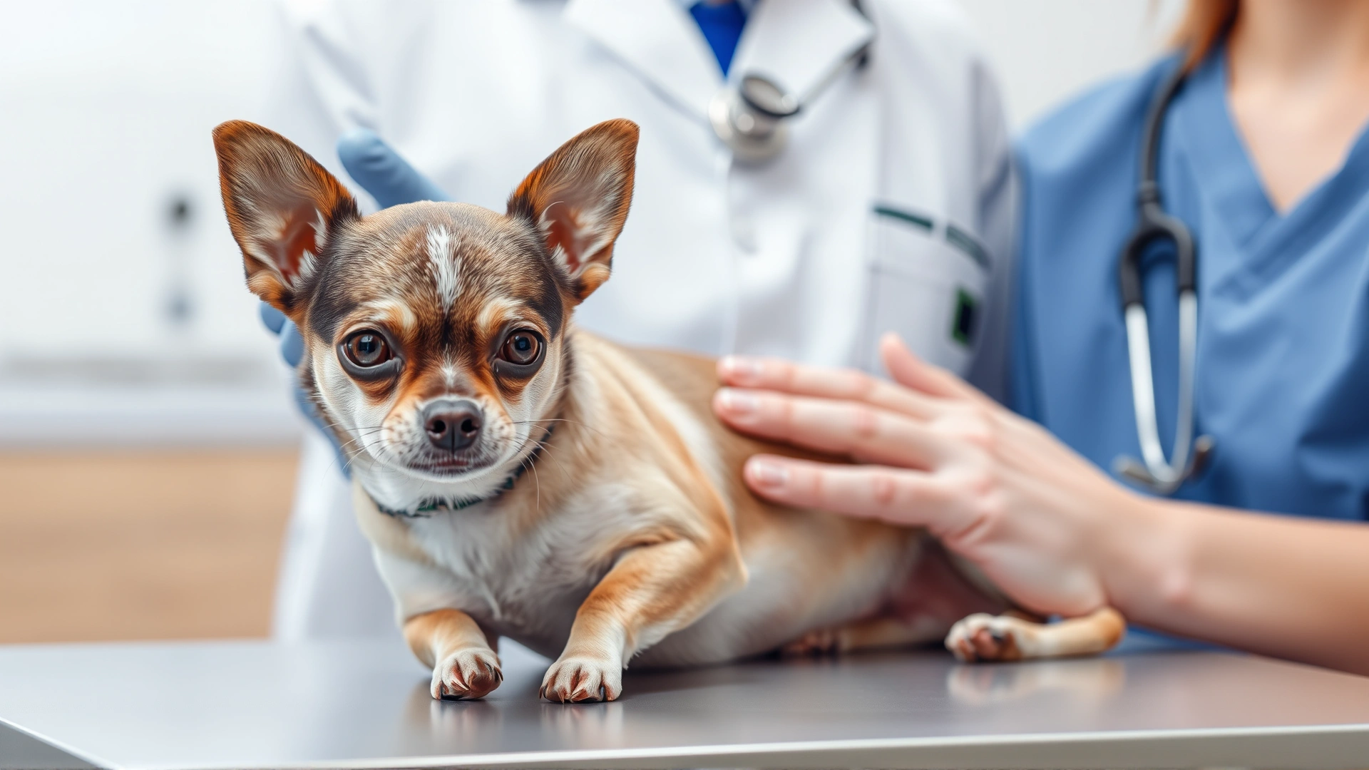 Veterinarian gently examining a Chihuahua on an examination table, focus on dog's calm expression