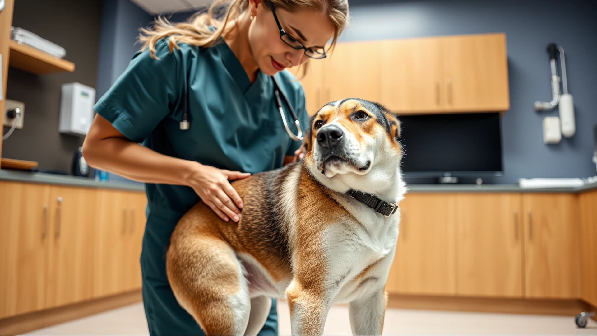 A veterinarian gently examining a Chinook dog's hip and hind leg inside a modern clinic