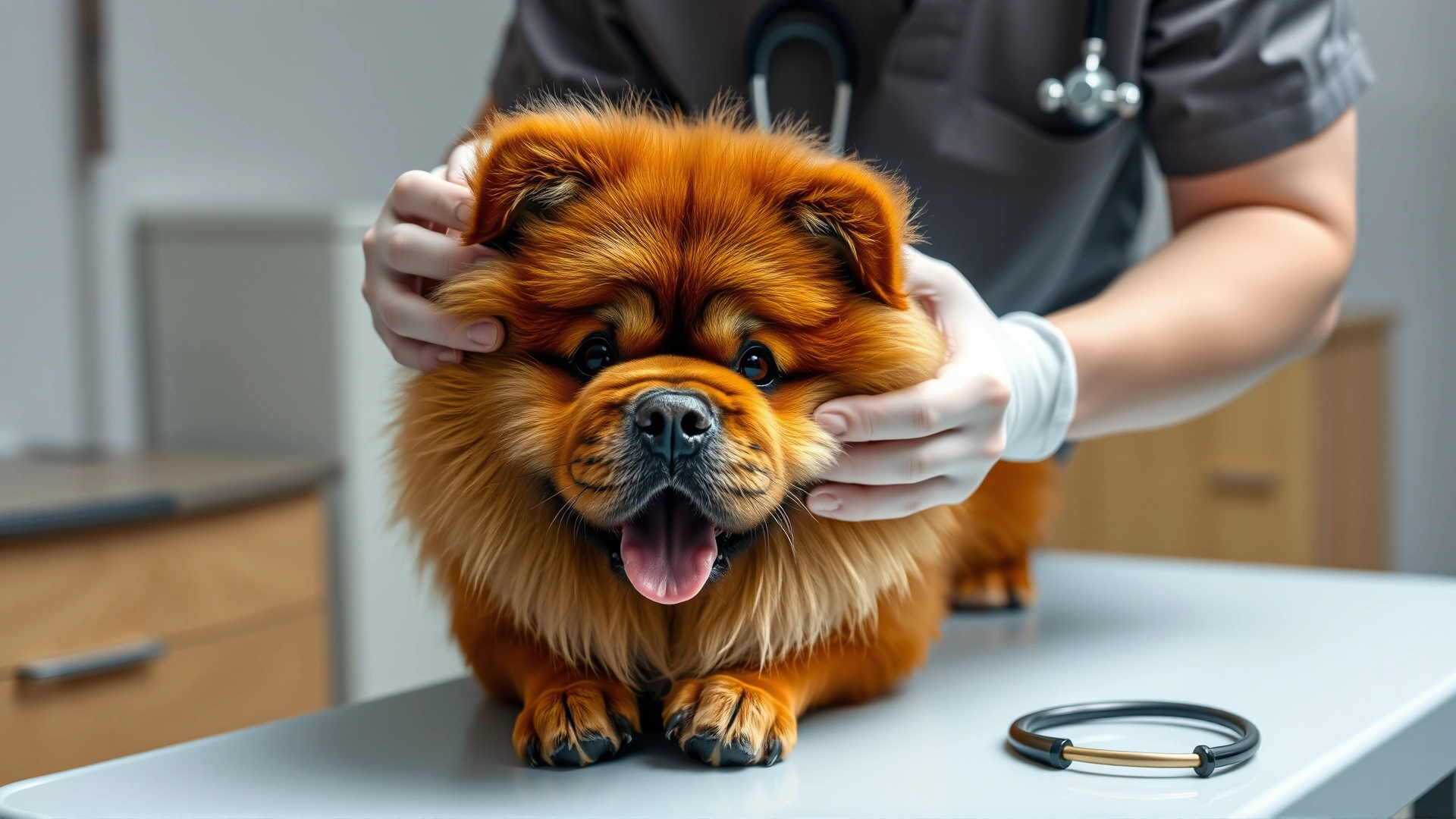Veterinarian examining a Chow Chow's eyes and ears on a clinic table