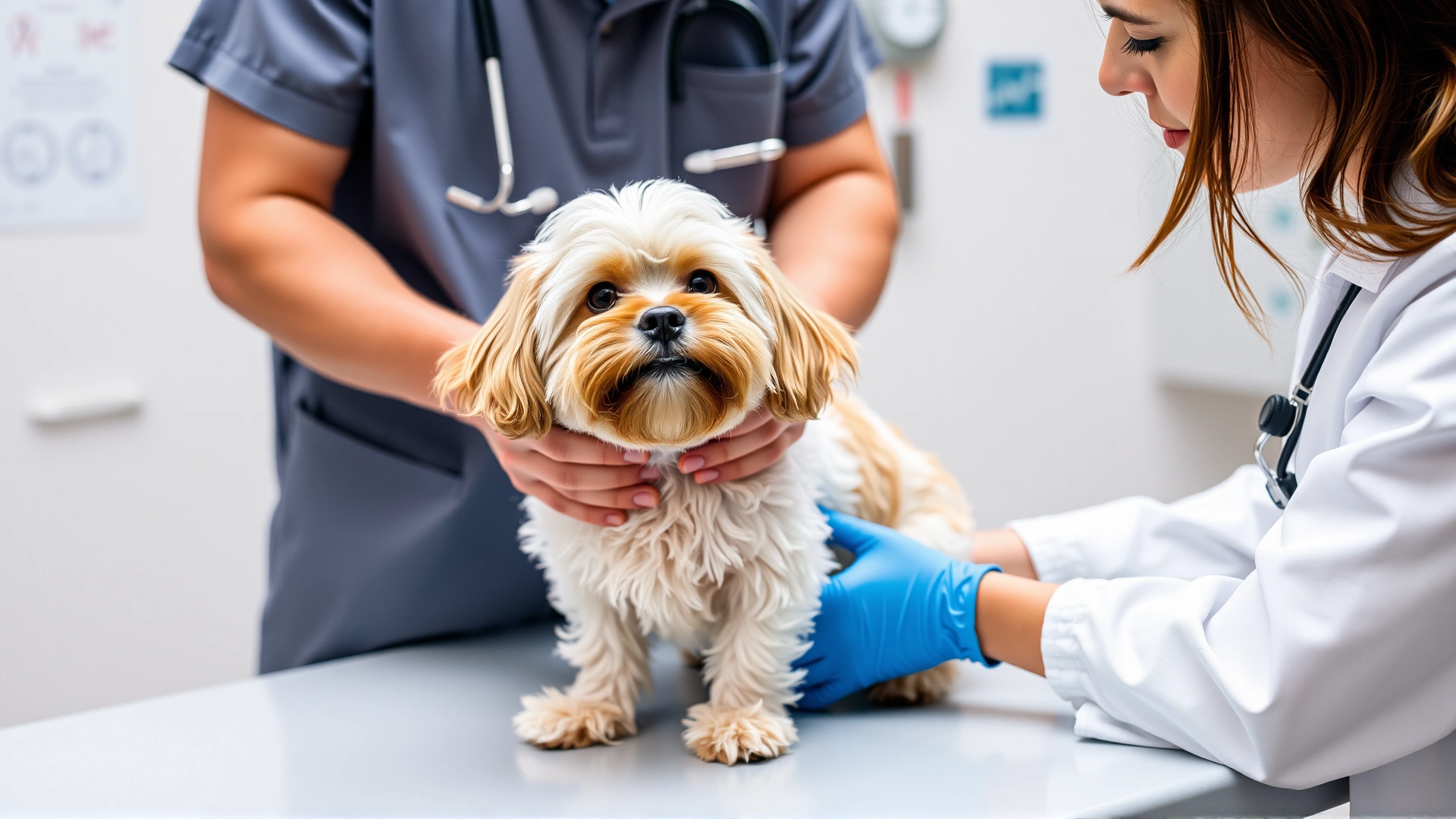 Veterinarian examining a Cockapoo on a clinic examination table.
