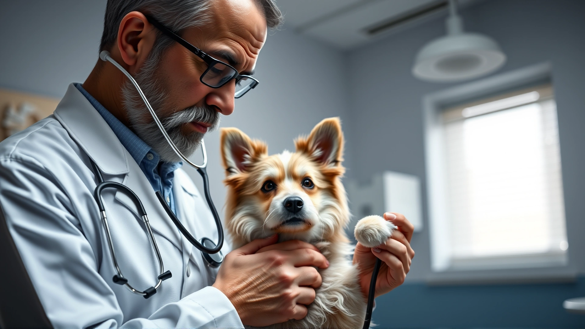 Veterinarian examining a Coton de Tulear's heart with a stethoscope in a bright clinic.
