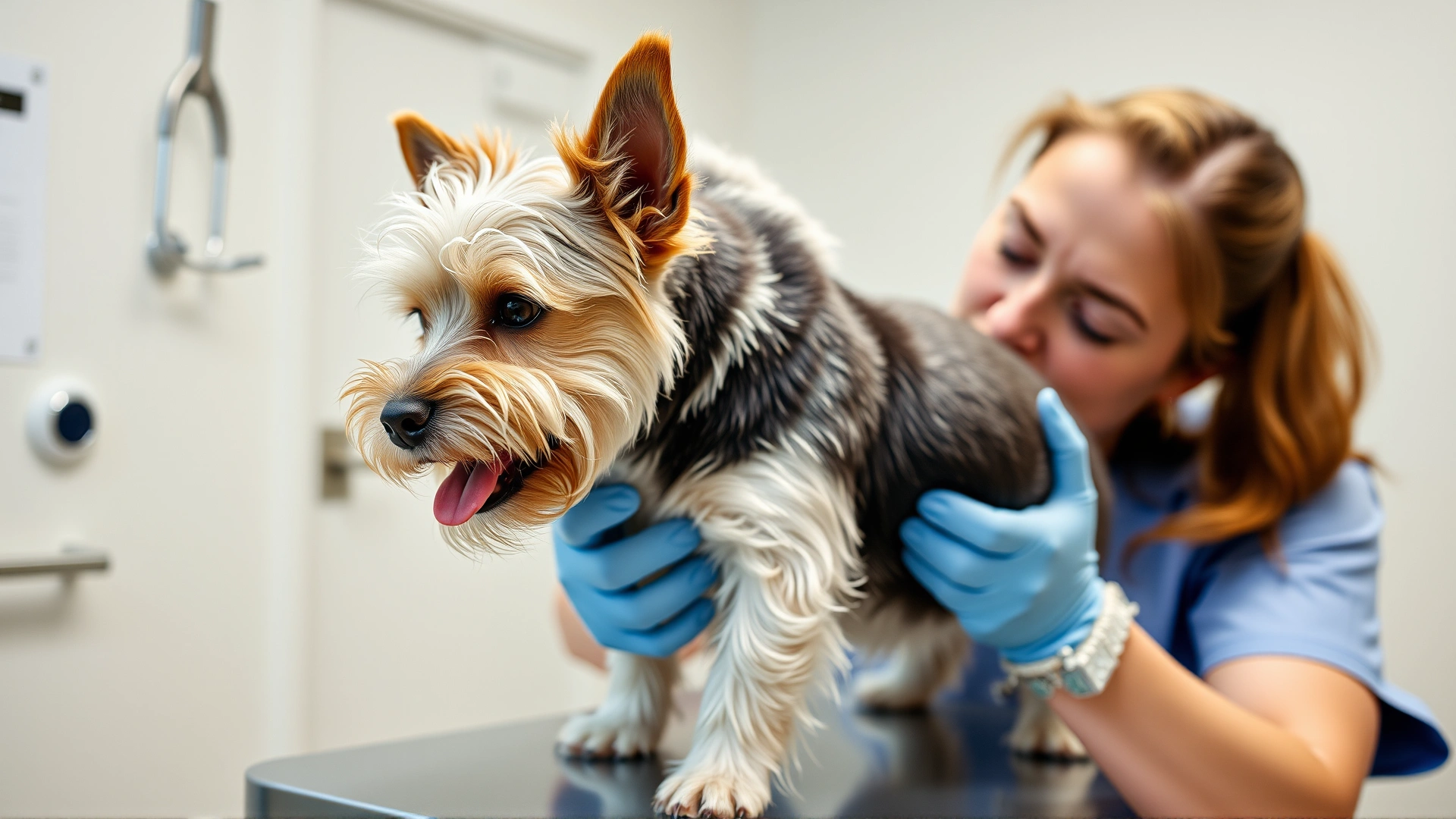 Veterinarian examining a Dandie Dinmont Terrier on an exam table, clinic setting, focused on dog's back and eyes, bright lighting, no text.