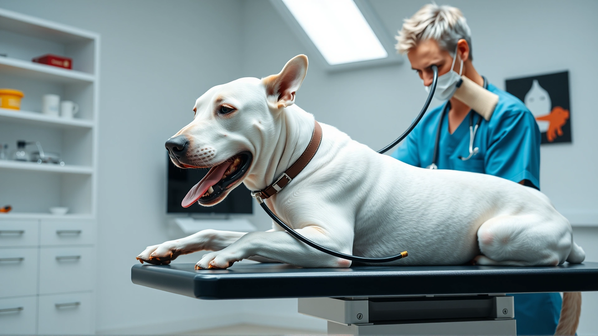 Veterinarian examining a calm Dogo Argentino on an exam table with a stethoscope in a bright clinic