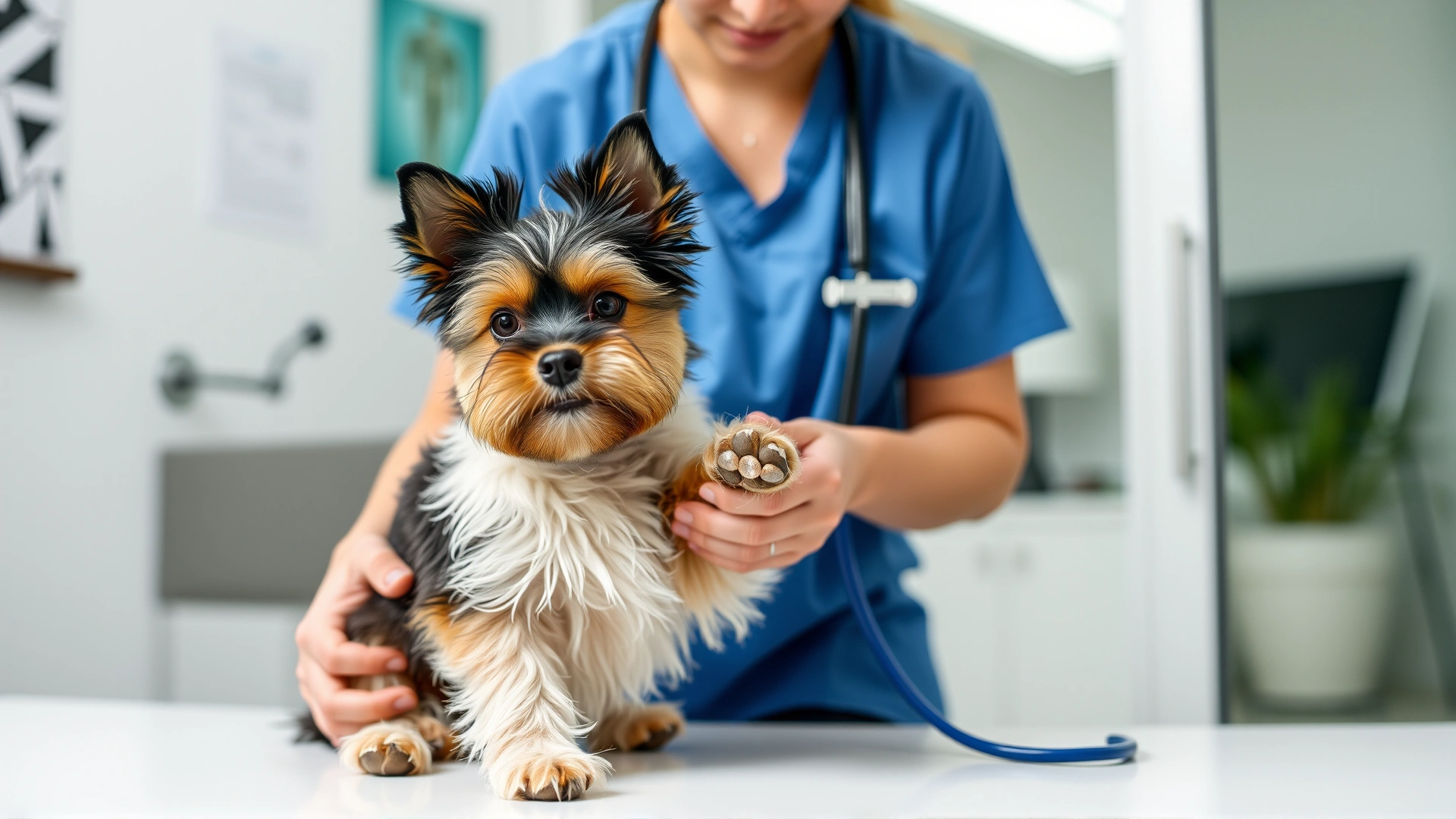 Veterinarian examining a Dorkie's paws in a modern clinic, vet wearing blue scrubs, calm atmosphere