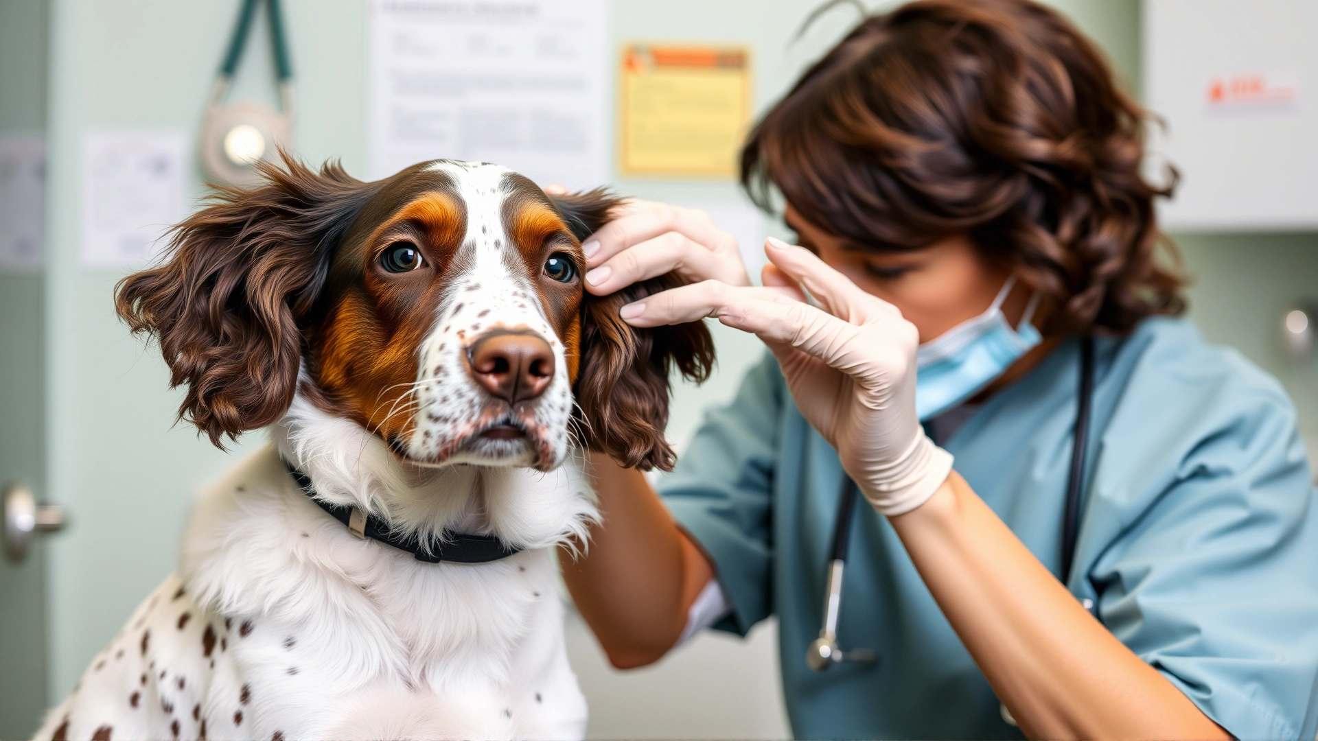 A veterinarian examining the ears of an American Water Spaniel during a routine clinic visit.