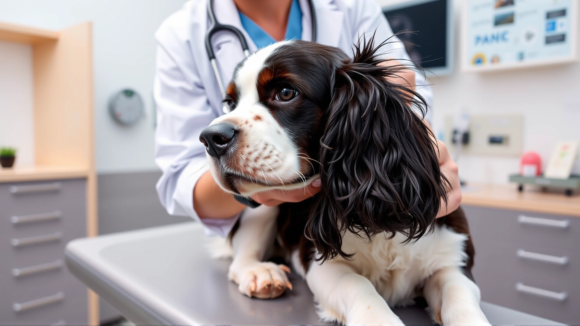 Veterinarian examining the floppy ear of an English Springer Spaniel on an exam table in a modern veterinary clinic.