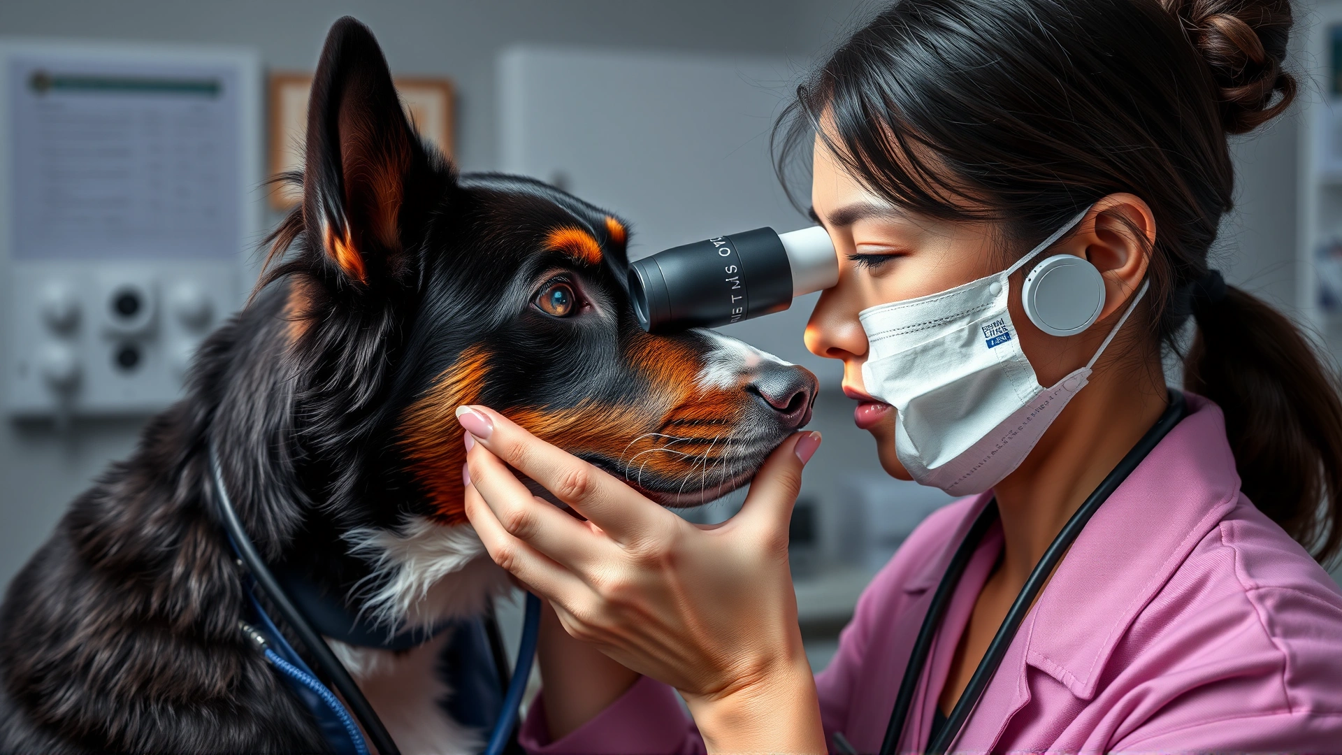 Veterinarian in a clinic gently examining the eyes of an Entlebucher Mountain Dog with an ophthalmoscope.