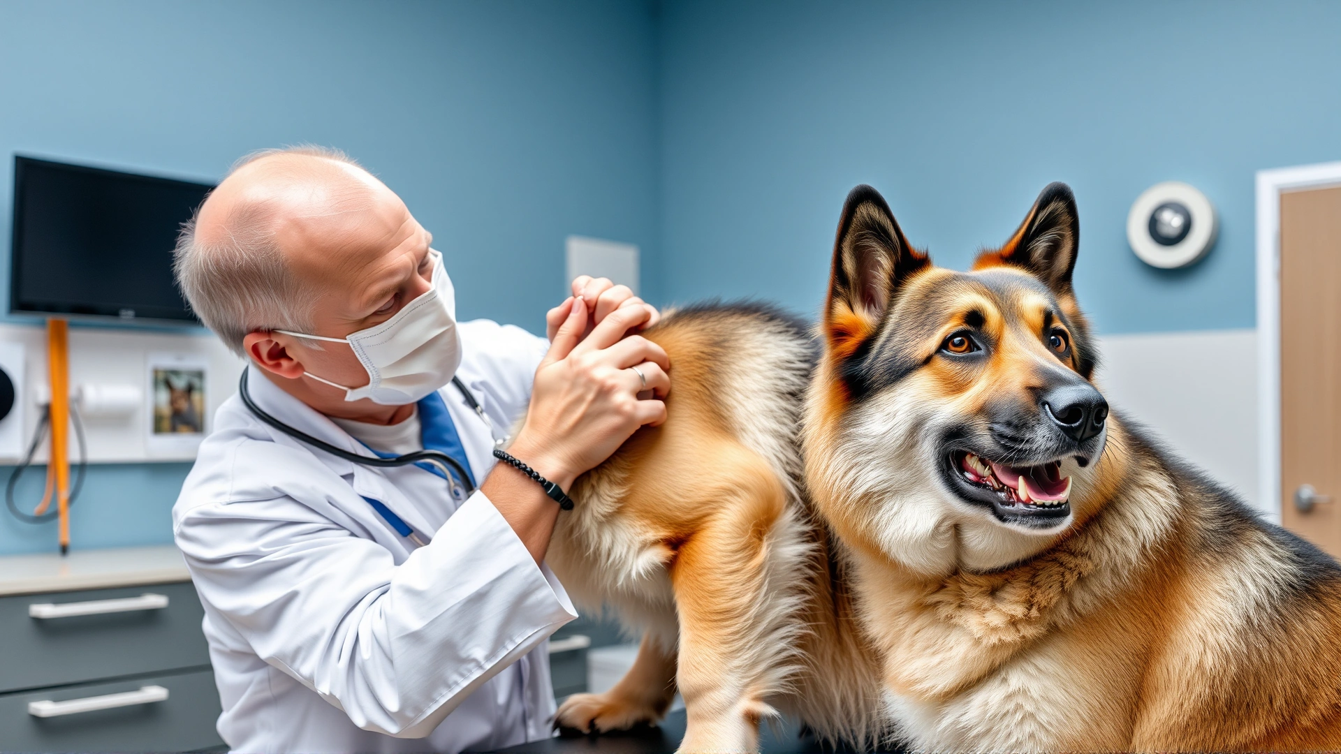 A veterinarian examining the ears of a Eurasier dog on an examination table in a modern veterinary clinic