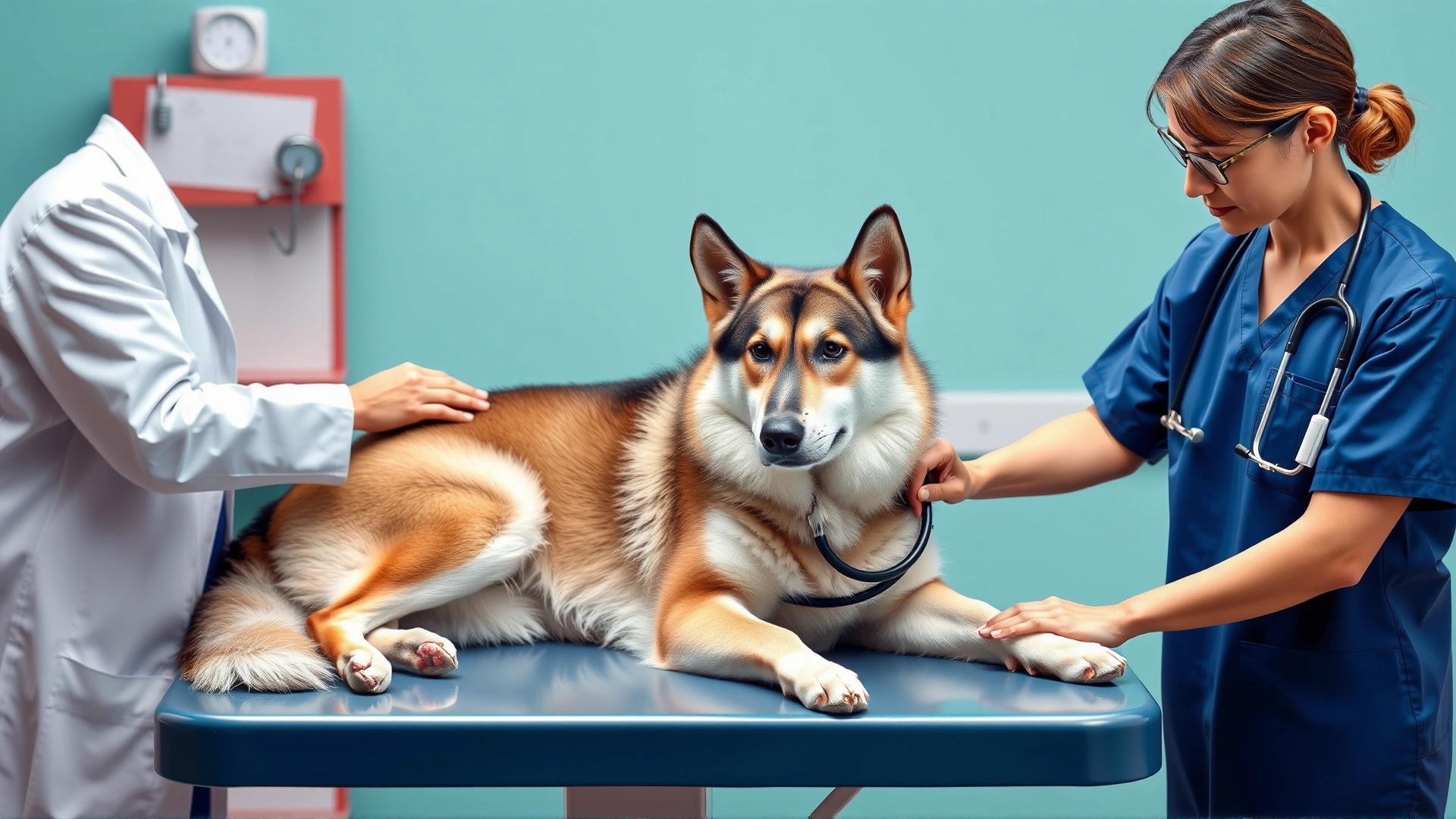Veterinarian examining a Gerberian Shepsky on a clinic table, stethoscope on dog's chest.