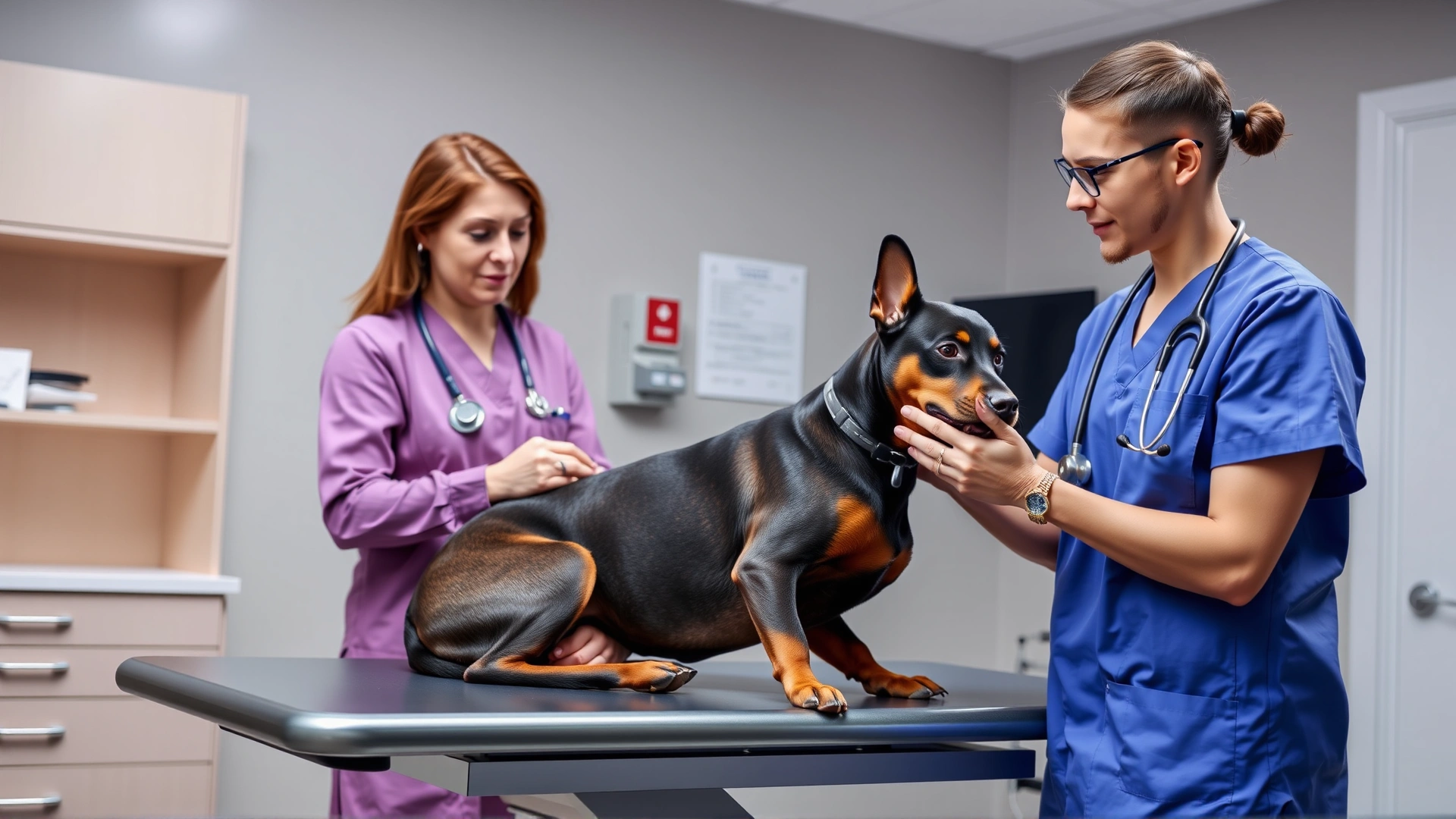 Veterinarian examining a German Pinscher on an exam table inside a modern veterinary clinic.