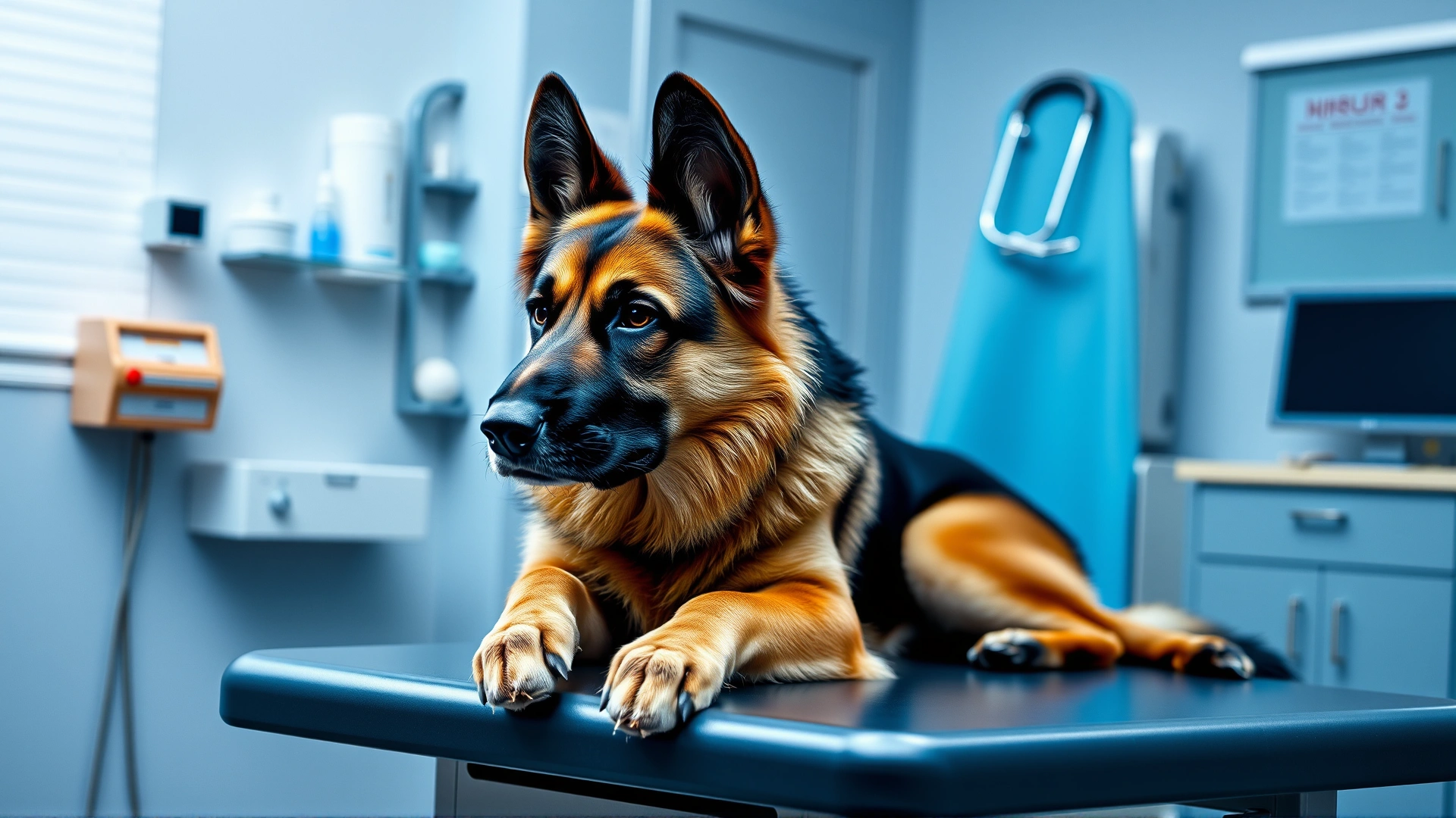 Veterinarian in a modern clinic examining a calm German Shepherd on an exam table, medical equipment in background