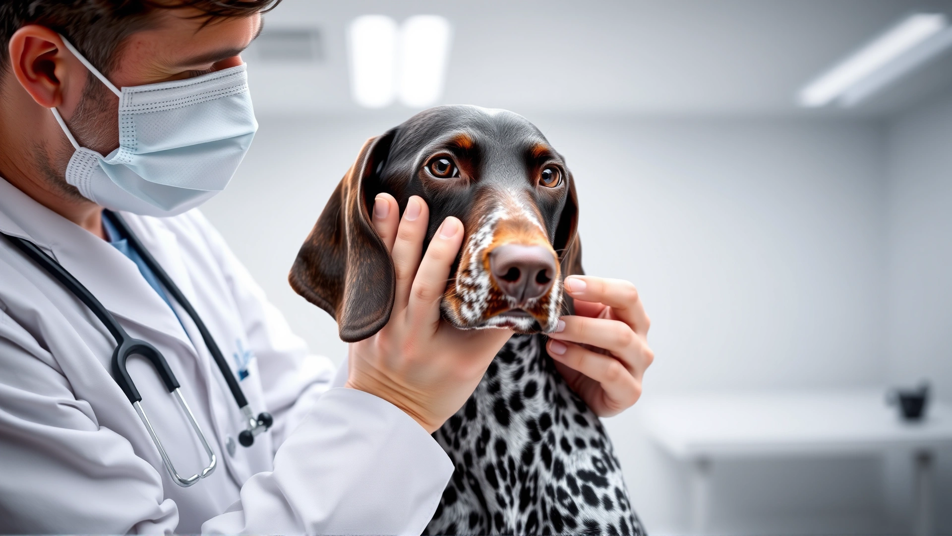 A veterinarian performing a routine ear examination on an adult German Shorthaired Pointer in a bright, modern clinic setting.