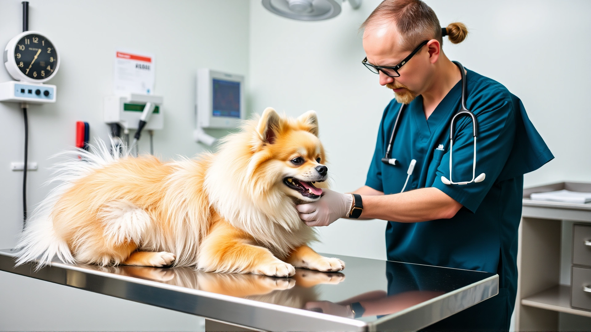Veterinarian examining a German Spitz on a stainless-steel exam table in a bright clinical setting with medical equipment.