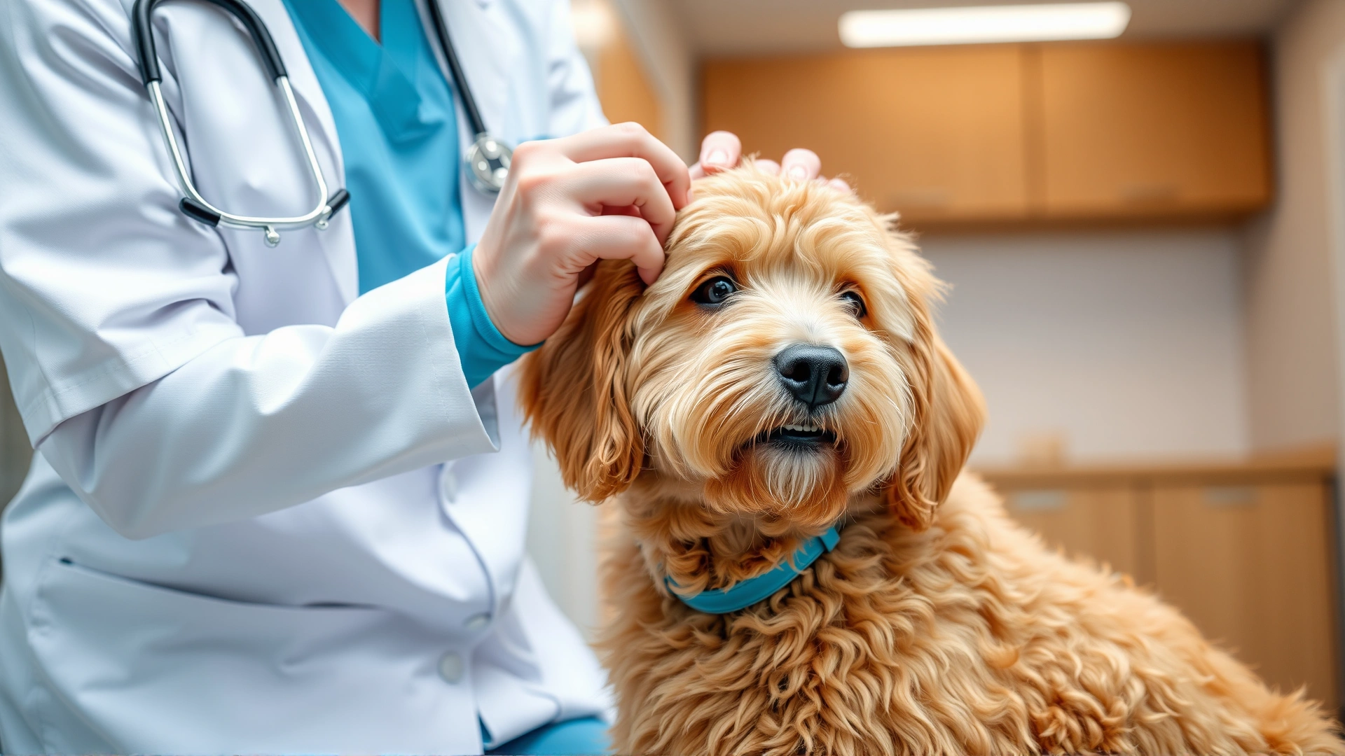 Veterinarian gently examining a Goldendoodle’s ears in a modern clinic, dog looking relaxed.