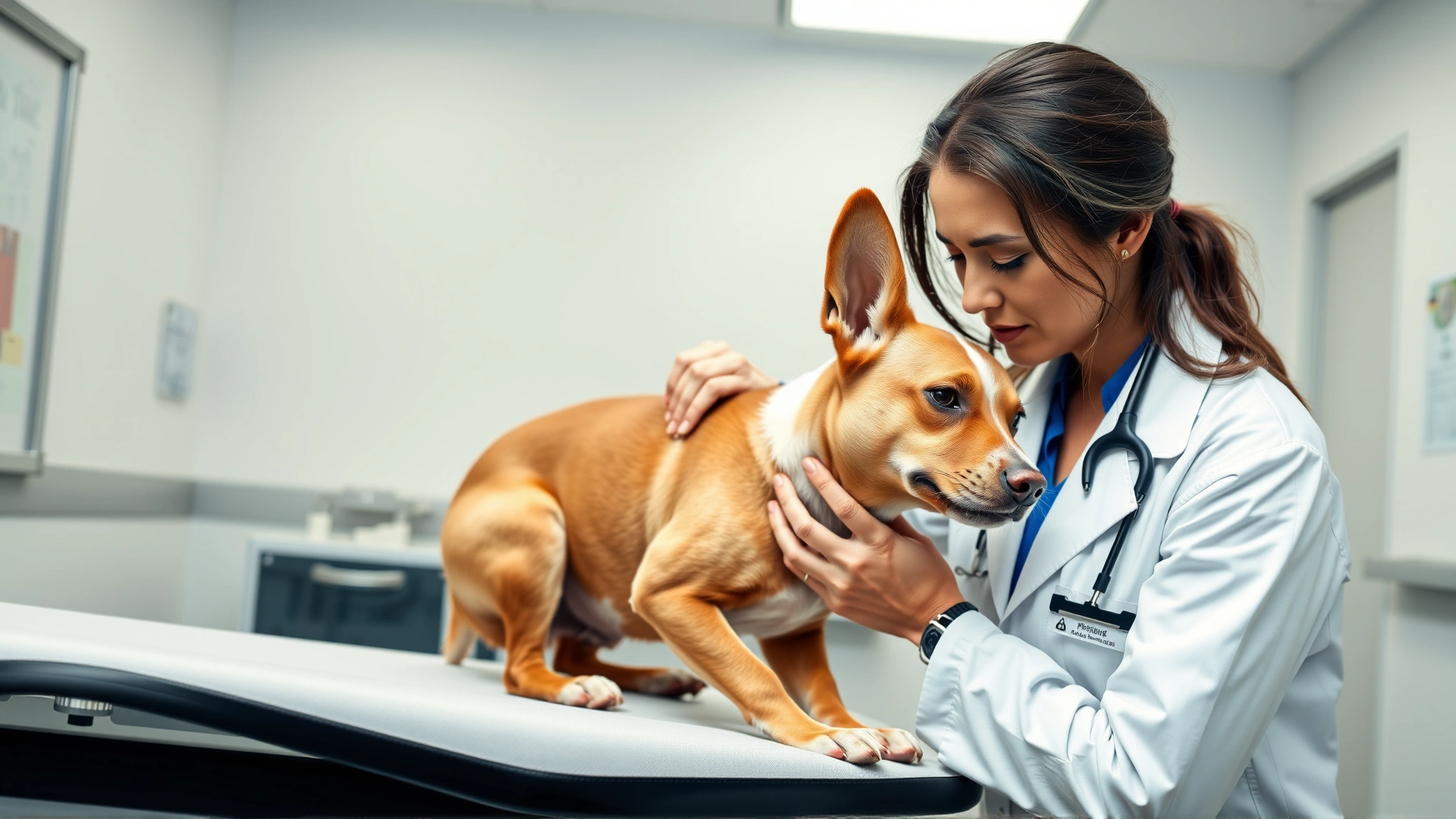 Veterinarian wearing a white coat gently examining an Australian Cattle Dog’s ears on an exam table inside a bright modern clinic.