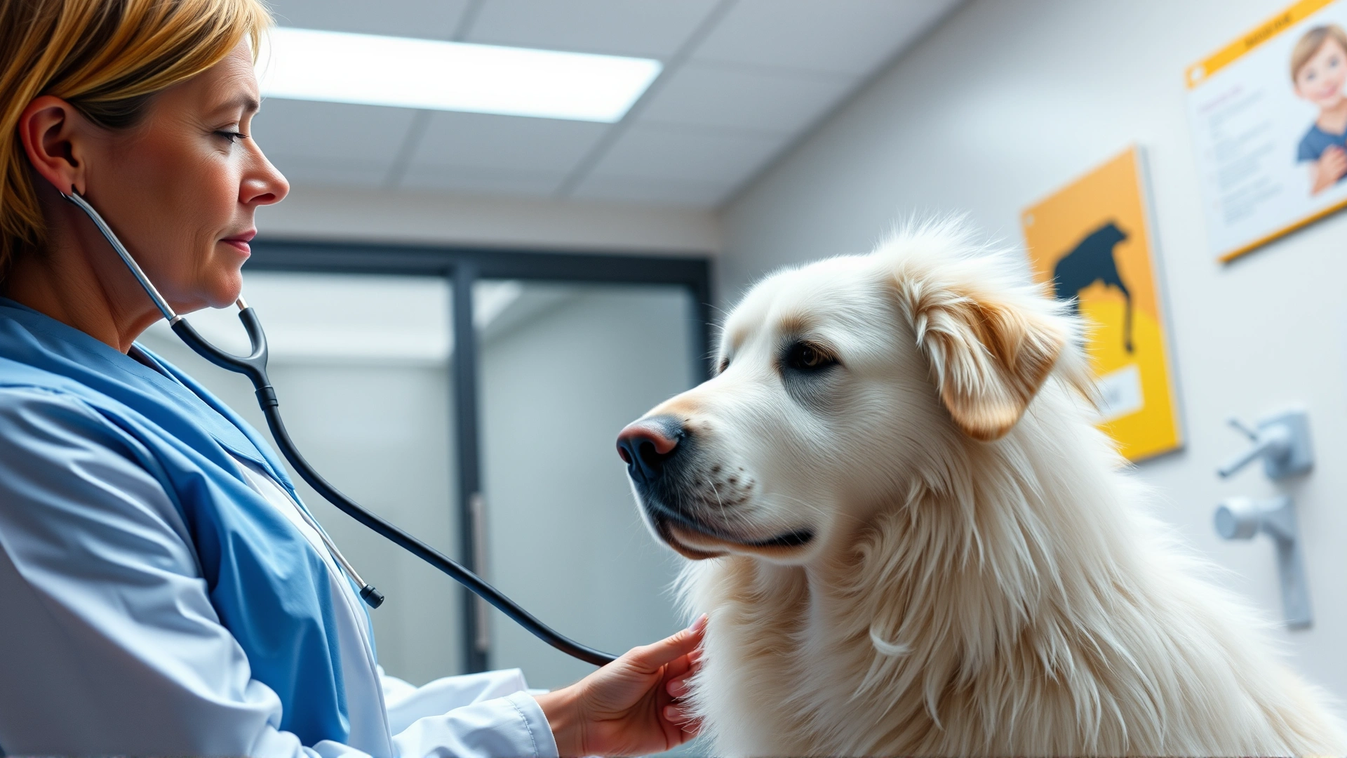 Veterinarian using a stethoscope to examine a calm Great Pyrenees in a brightly lit clinic room.