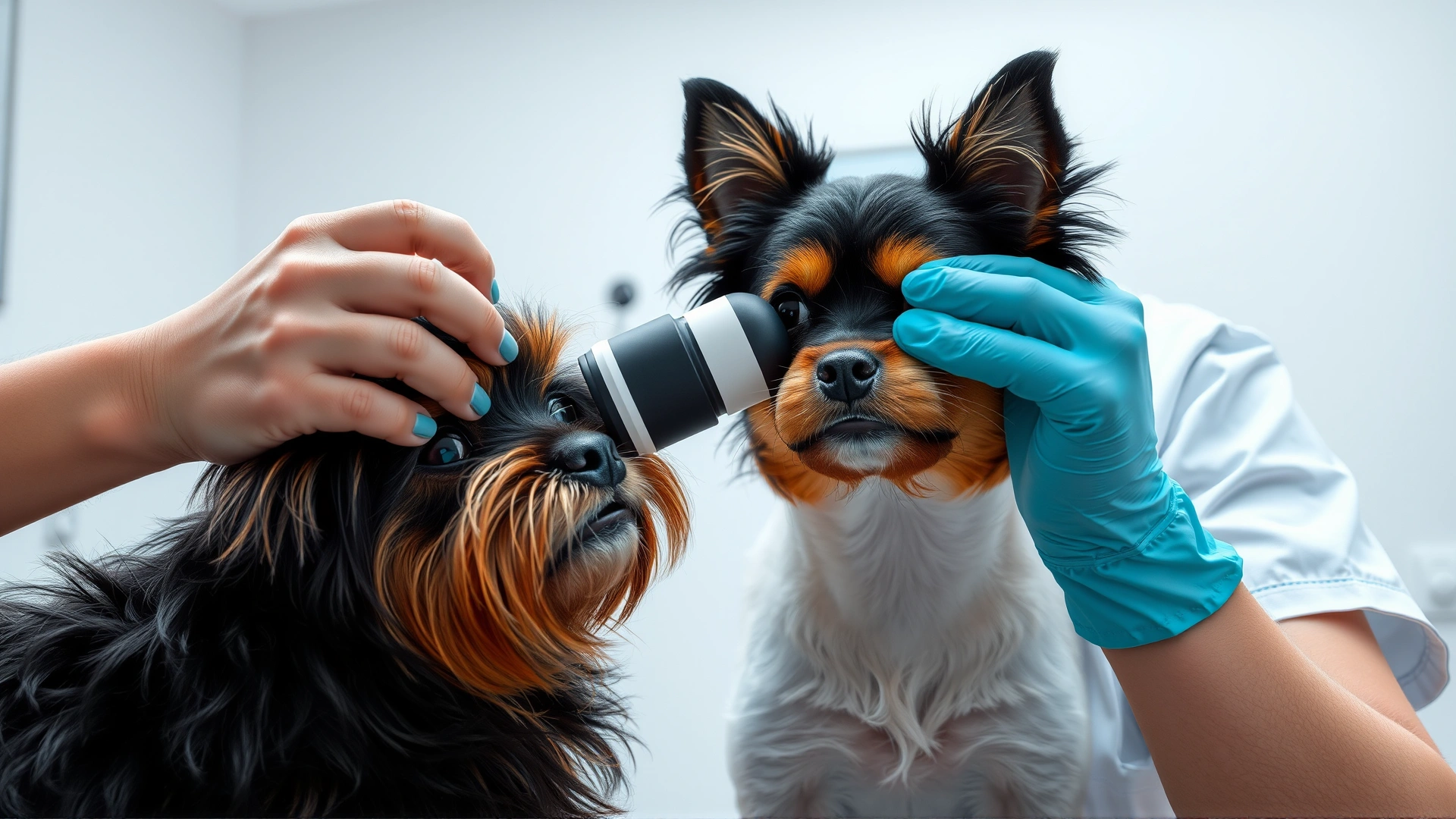 Veterinarian gently examining a Havanese dog's ears with an otoscope in a bright clinic room.