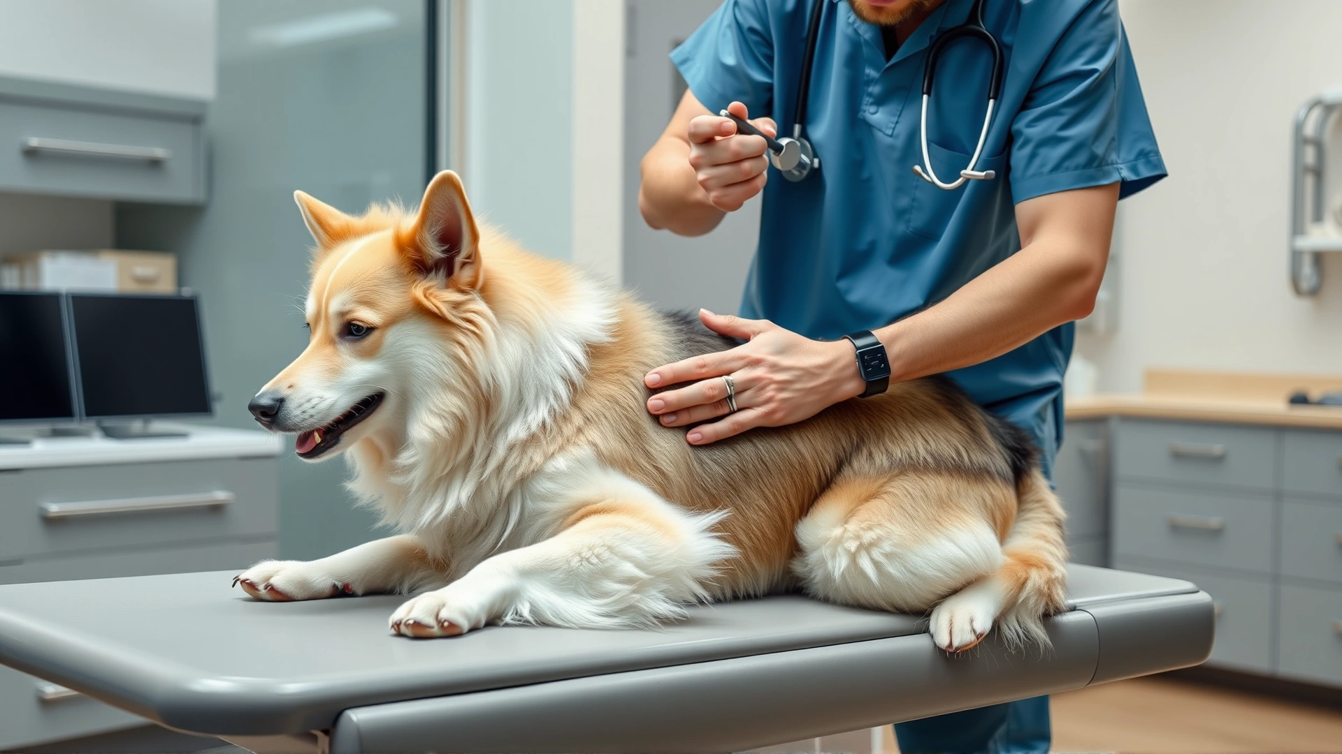 A veterinarian gently examining the hind leg of an Icelandic Sheepdog on an exam table in a modern clinic.